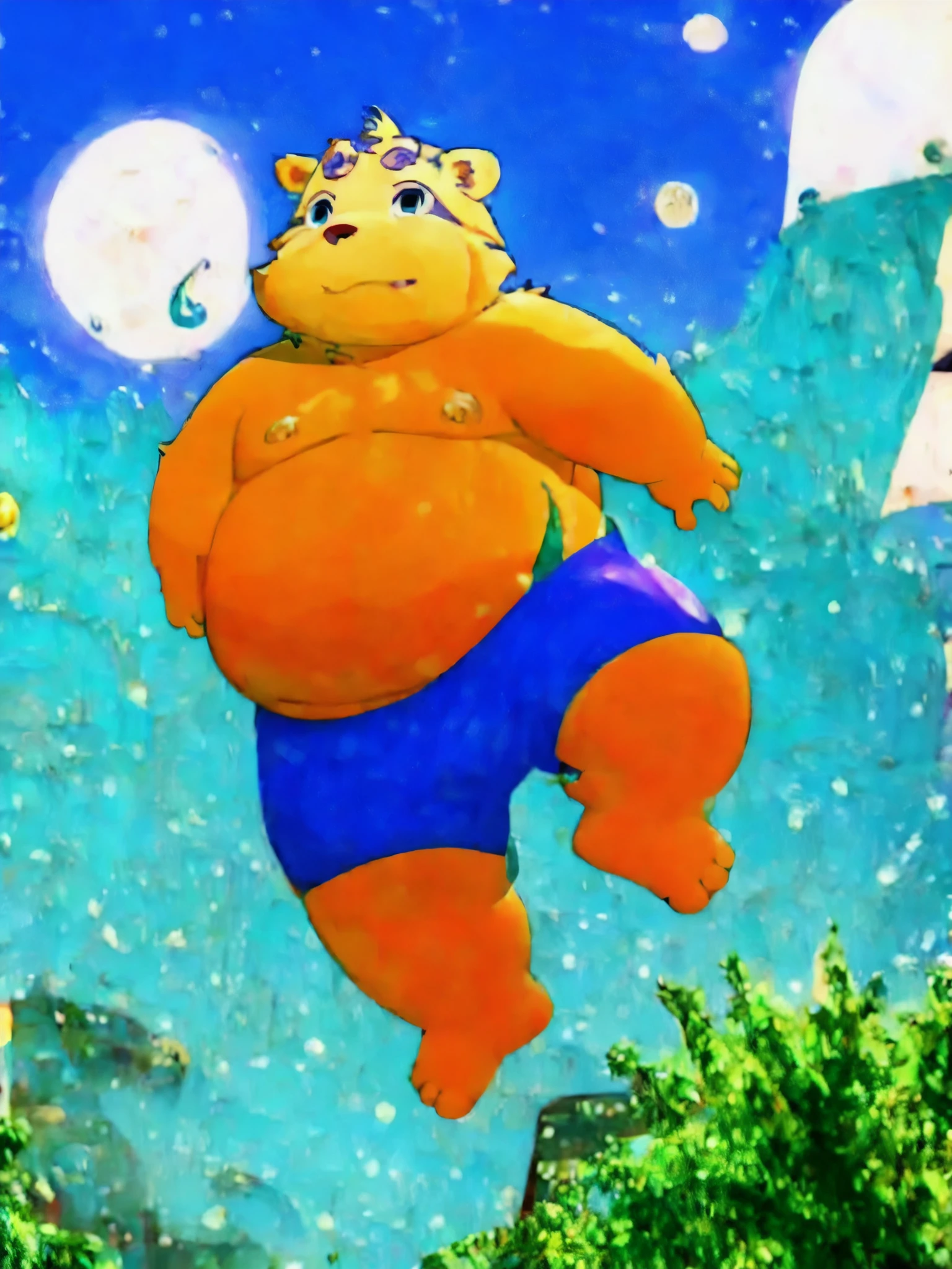 (masterpiece, best quality:1.2),, xiaobo,furry,overweight,the whole body,foot,sky,swimming trunks,bare,naked,jump,Low viewing angle