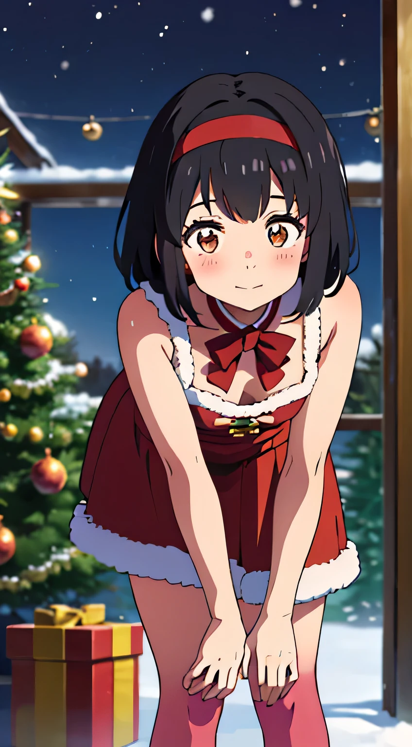 shinkai makoto, kimi no na wa.,masterpiece, highest quality,Vivid depiction, One Girl, bangs, Black Hair, blush, Bright Eyes, Brown eyes, Looking at the audience, Red Bow, Red headband, Red ribbon, short hair, Cat Pose, Small breasts, alone, indoor, Shiny skin, smile, Happy, beautiful, Perfect Anatomy, Perfect hands, Christmas tree, Santa Claus Costume, Cute Face, Leaning forward, Down blouse, Red Christmas Dress, Candy Cane Stockings, Winter landscape in the background, Perfect hands, snow, vapor, night, Blur the background