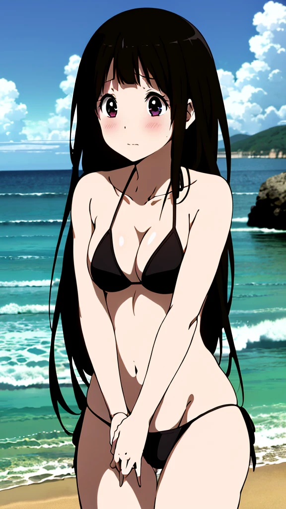 (masterpiece, 4K, highest quality, anime style: 1.9, Detailed face, Lovely, Ocean,Bold Line, High resolution, anime, Lake 4. alone, Curvaceous, slim,Cleavage, Center of chest, Embarrassed face,非常にslimなお腹, Cowboy Shot,(((Black Bikini))),1 girl,Black Hair, Long Hair, chitanda eru,blush,((White skin)),Looking into the camera