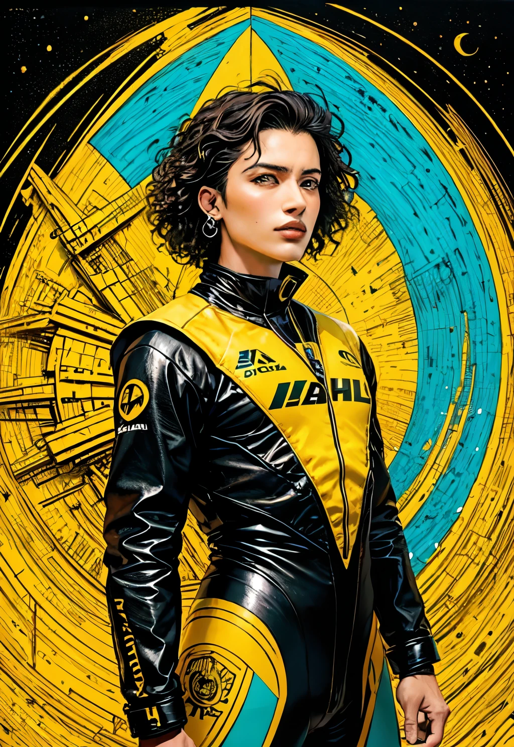 Obra de arte, maximum quality, melhor qualidade, arte oficial, beautiful and aesthetic,realista, 
motorista de entrega, ao lado da nave espacial DHL, em uniforme futurista amarelo-preto, com logotipo DHL, 
extremamente detalhado,Colorida,mais detalhado, (dynamic pose), pele brilhante, zentangle, flores, fundo abstrato