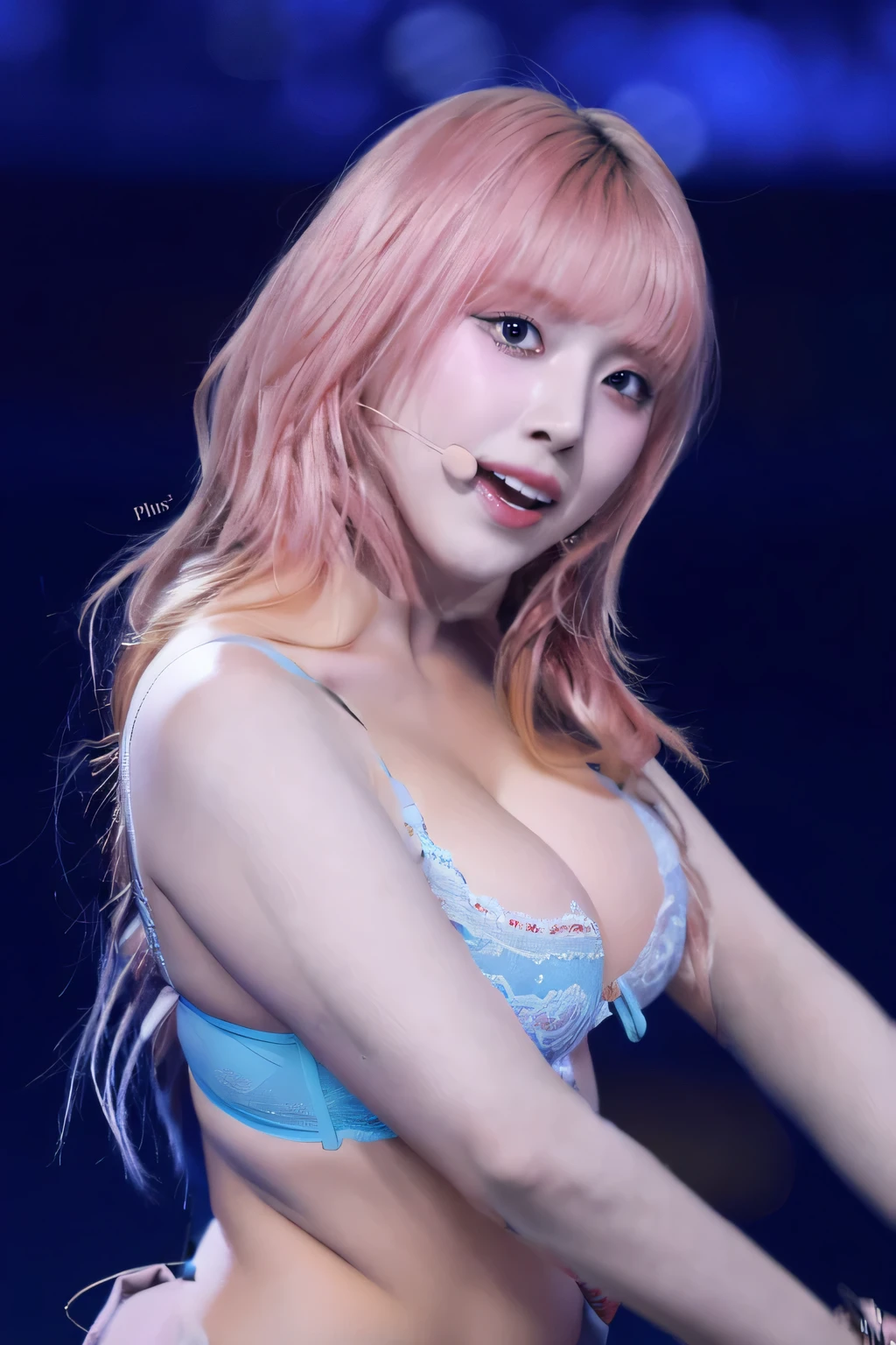 pink hair、ponytail、big breasts、big areola、Completely naked、nipple、Pussy、on stage、smile、blush