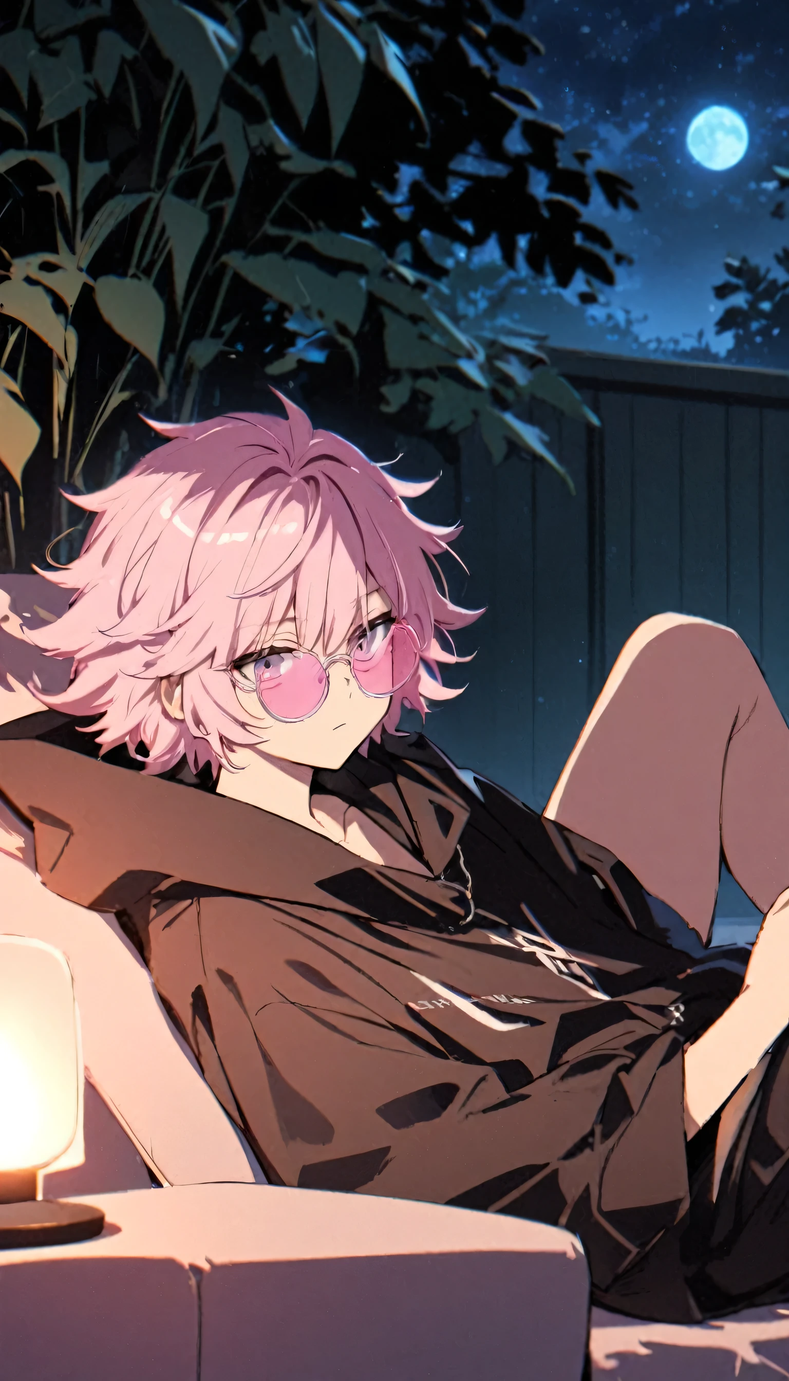 boy, 1 person, Light pink hair, Bad face, cool,Wolf Hair, Black oversized outfit, night,Pink round rimless sunglasses, relaxing