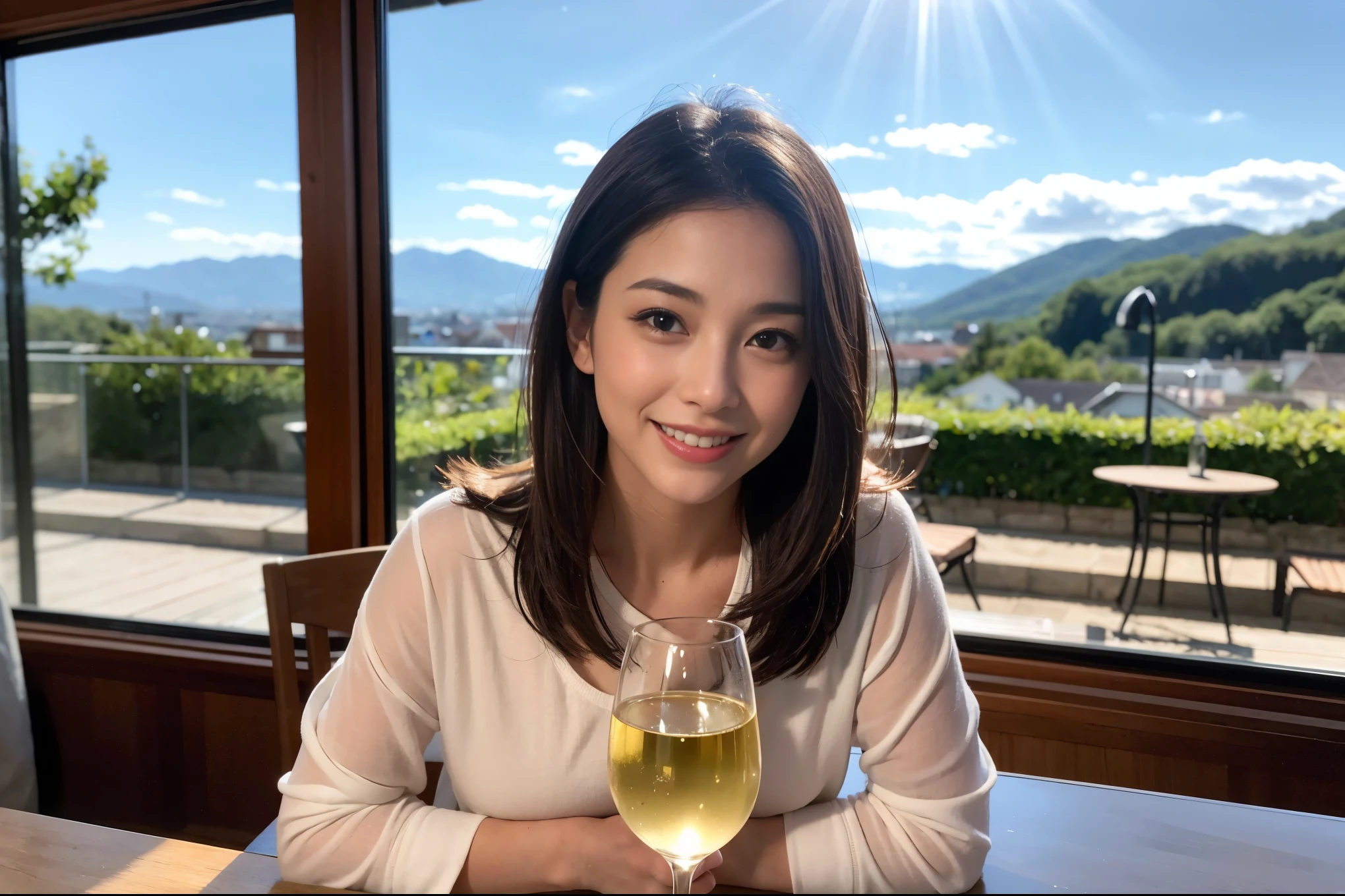 ((highest quality、8k、masterpiece:1.3))、1 male、1 woman who resembles Satomi Ishihara、Couple、Spouse、Couple、The body is slim、((Bob Hale、Straight hair:1.2)), (Realistic, Intricate details:1.2), テーブルの上のwine glass、Shine light on your face、 Amazing view of the sunset sky and clouds、Amazing mountain views、A bright smile、The wonderfulness of smile、Bright image、The beauty of wine, Beautiful Face, blue eyes, The light shines on your face, Blushing, short hair,Bright Face、 (42 years old), 39 years old, red wine 、Appetizers、Italian food、Wine bottle、Champagne、sparkling wine、Two beauties、Brown Hair、Shortcuts、Long sleeve shirt、dress、Pretty Woman 1, (slimな顔), (The body is slim), (Brown Hair), (Shortcuts), cheeks turn a little red,Attractive beauty、restaurant, In a prominent place (From the waist up) Nova Frog Style, actress, model, Upper Body, White wine, slim, wine glass, 中央に置かれたwine glass, smile, (smile: 1.15), Beautiful fine grain, Depth f/2,saturation, High Contrast, Strong light and shadow,Moist Body:1.5、3D texture、Delicate eyes、Brown Hair、The hair is very shiny、