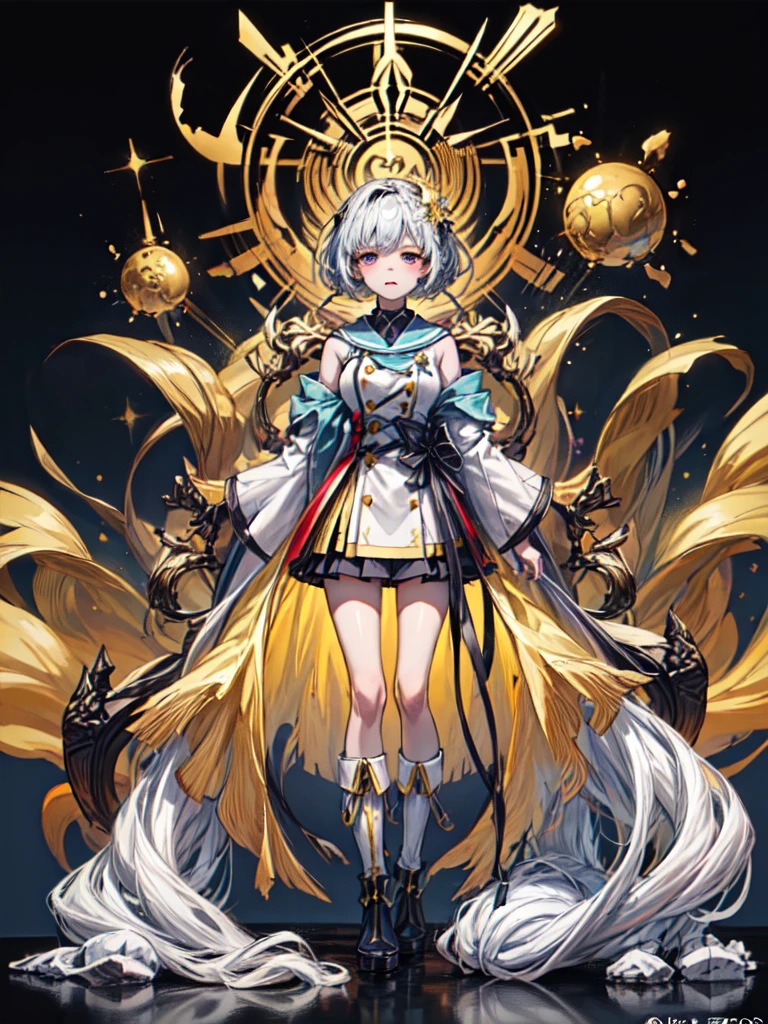 (((1girl)))、starの妖精、vtuber-fullbody、(((highest quality、Masterpiece、The best composition、Golden Ratio、Official Art、Super detailed、Super detailedな目)))、ultra detailed, from front, headshot、 White hair color、Short bangs above eyebrows、Short Hair、Standing in front of the viewer、着物とゴスロリをリメイクしたMilky Way柄の洋服、The sleeves are long and the hands are hidden、Knee-high boots、Pure white simple background、star、Milky Way、universe、流star群、