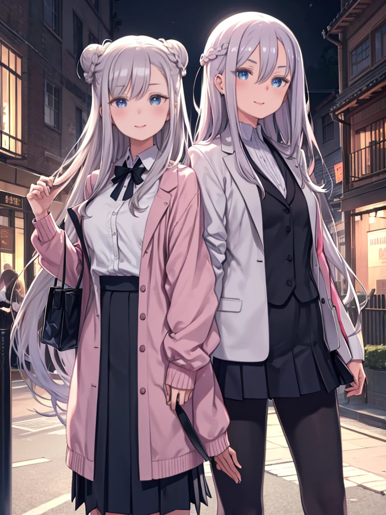 Mature Woman、Silver Hair、Very long hair between the eyes、Wavy long hair、Clothes that give a neat impression、Pleated white shirt、Pink jacket、skirt、Black Stockings、Smiling、Braided bun hairstyle、Chignon、In town、Meeting up for a date、Blue Eyes、Hang the bag from your shoulder、
