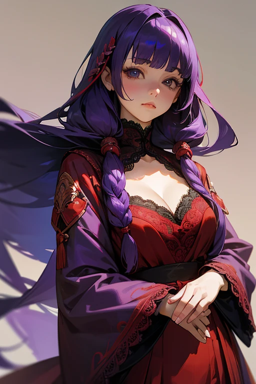1 girl, Blunt bangs, Braiding, Wide sleeves, hair ornaments,Red and navy lace、(Purple Hair:1.2), Very long hair, Straight hair, Looking at the audience, Highly detailed background, (Realistic:1.2), Beautiful Eyes, Red eyeshadow, Written boundary depth，thigh, (Ulzzang-6500:0.7), Upper Body, (alone:1.2), Cleavage, Shiny skin、Hair blowing in the wind、Four fingers, One thumb、Rose、Floral pattern on clothes、drink alcohol、Place your hands on your hips、