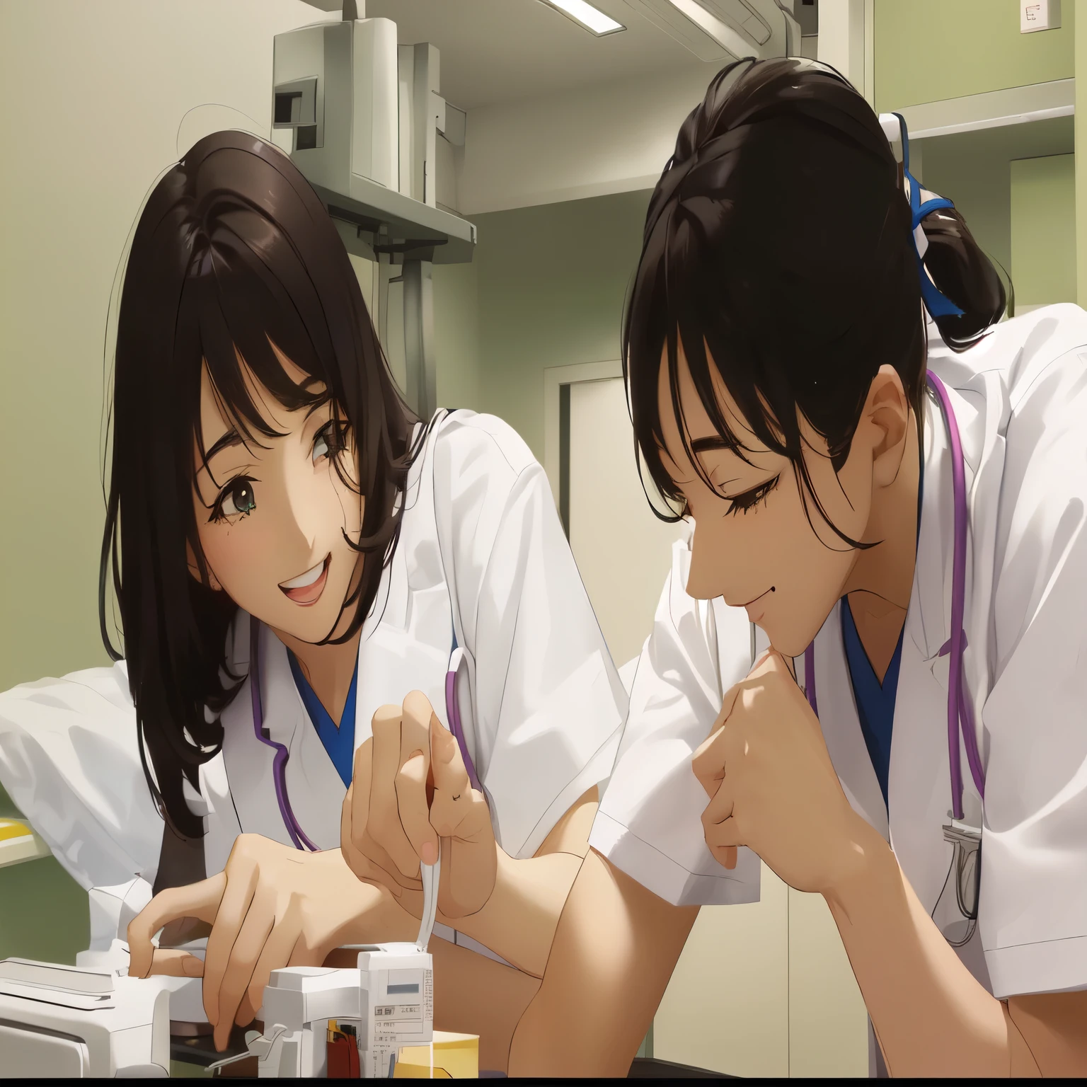 Cartoon characters in a hospital room with a doctor and nurse, Smooth anime CG art, Today's featured anime is still, From the TV anime, Kyoto Animation stills, Anime movie screenshots, Sakimichan and Makoto Shinkai, Photorealistic Animation, Beautiful and detailed anime art, guweiz and makoto shinkai, Realistic Anime 3D Style