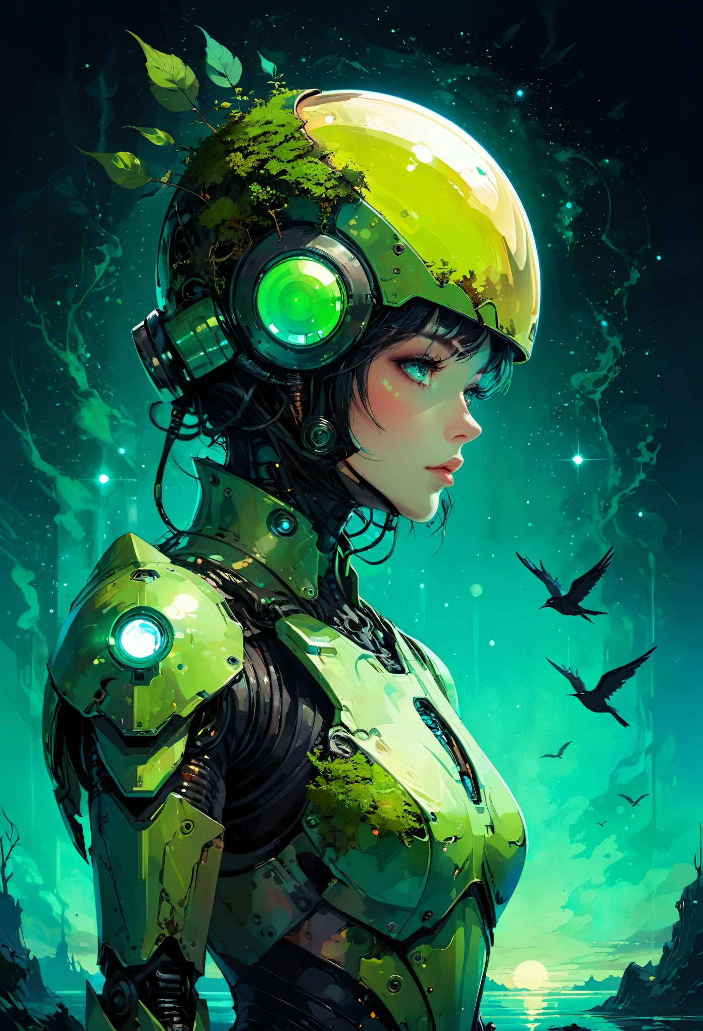 Space art galaxy landscape, concept art, vector, high quality, check the detail information, Unreal Engine, Octane Rendering, Ultra high quality, Ultra-high resolution, Surrealism, painting , drawing by Conrad Roset close up , reflections on helmet a giant robot looking at a bird stopped on its hand , (glass transparent helmet ),bioluminescence,fluorescent helmet, the robot is aged with moss on its rusty bronze armor, night, moonlight shadows, dramatic lighting , gradient pop surrealism , BREAK Detailed,(darkness:1.3),(very detailed shadows:1.3),absolute shadows,absolute darkness,body silhouette,