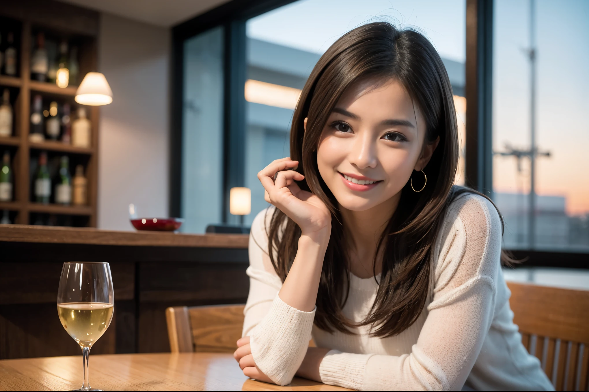 ((highest quality、8k、masterpiece:1.3))、1 male、1 woman who resembles Satomi Ishihara、Couple、Spouse、Couple、The body is slim、((Bob Hale、Straight hair:1.2)), (Realistic, Intricate details:1.2), テーブルの上のwine glass、Shine light on your face、 Amazing view of the sunset sky and clouds、Amazing mountain views、A bright smile、The wonderfulness of smile、Bright image、The beauty of wine, Beautiful Face, blue eyes, The light shines on your face, Blushing, short hair,Bright Face、 (42 years old), 39 years old, red wine 、Appetizers、Italian food、Wine bottle、Champagne、sparkling wine、Two beauties、Brown Hair、Shortcuts、Long sleeve shirt、dress、Pretty Woman 1, (slimな顔), (The body is slim), (Brown Hair), (Shortcuts), cheeks turn a little red,Attractive beauty、restaurant, In a prominent place (From the waist up) Nova Frog Style, actress, model, Upper Body, White wine, slim, wine glass, 中央に置かれたwine glass, smile, (smile: 1.15), Beautiful fine grain, Depth f/2,saturation, High Contrast, Strong light and shadow,Moist Body:1.5、3D texture、Delicate eyes、Brown Hair、The hair is very shiny、