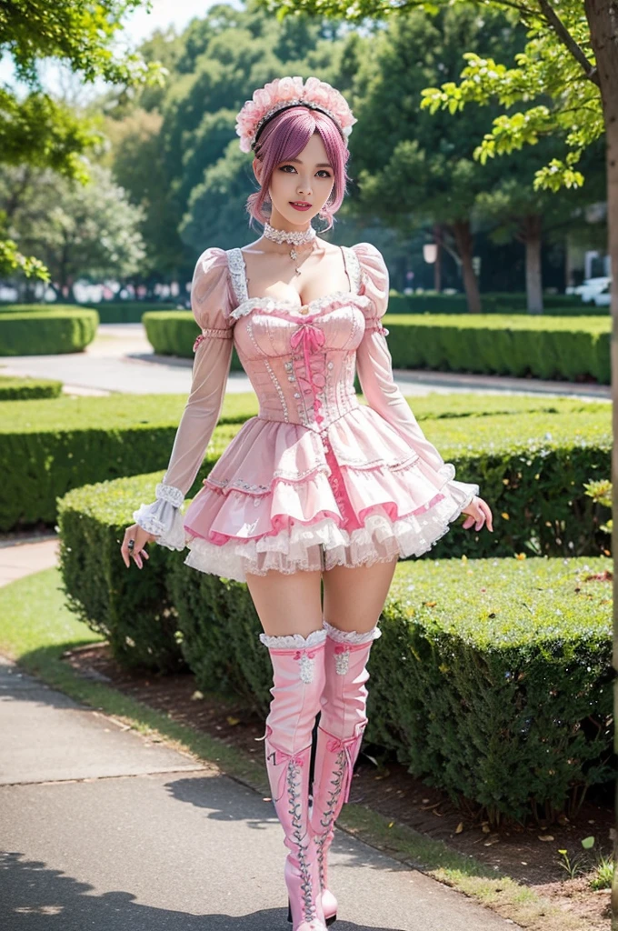 (nsfw), sexy stylish Swedish model, only 1 female, ((doll-like appearance)), short neon pink stylish hair, ((shiny Victorian-Style boots)), (big smile), ultra detailed eyes, vivid eye makeup, lip-gloss, long lashes, defined eyebrows, ((sexy Paradise Kiss cosplay)), bell-shaped skirt, petticoats, high neckline, puffed sleeves, ((ultra detailed lace)), ((ultra detailed embroidery)), intricate details, Paradise Kiss accessoires and matching headpiece, choker, ((large sparkling Paradise Kiss jewelry)), cinematic light, detailed large park background with trees