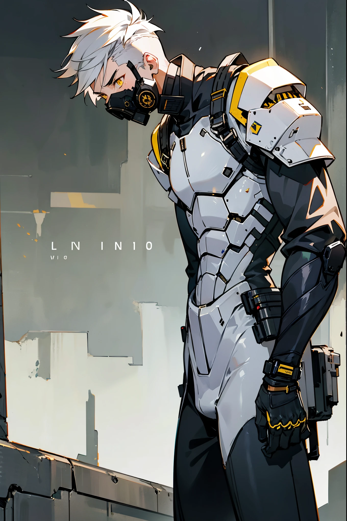 1male , White Hair , Modern Undercut Cut Hair , Sharp Hair , Yellow Eyes ,Modern Military Combat Clothing, Lean, Adult , Black Armored Bodysuit , Baggy Black Pants , White Armor Pieces , Somber Expression , Standing On Street , Ruined City Background , Gas Mask