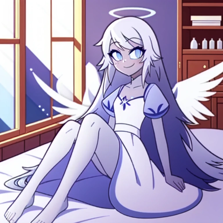 (bedroom:1.1, blue bed, wooden shelves, wooden window to outside), looking at viewer, a girl, (laying on bed, legs), angel, angel wings, blue eyes, colored skin, Emily, grey skin:1.2, halo, light blue sclera, long hair, closed mouth, , smile, very long hair, white dress, white hair,