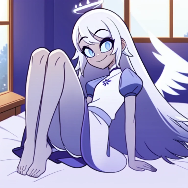 (bedroom:1.1, blue bed, wooden shelves, wooden window to outside), looking at viewer, a girl, (laying on bed, legs), angel, angel wings, blue eyes, colored skin, Emily, grey skin:1.2, halo, light blue sclera, long hair, closed mouth, , smile, very long hair, white dress, white hair,