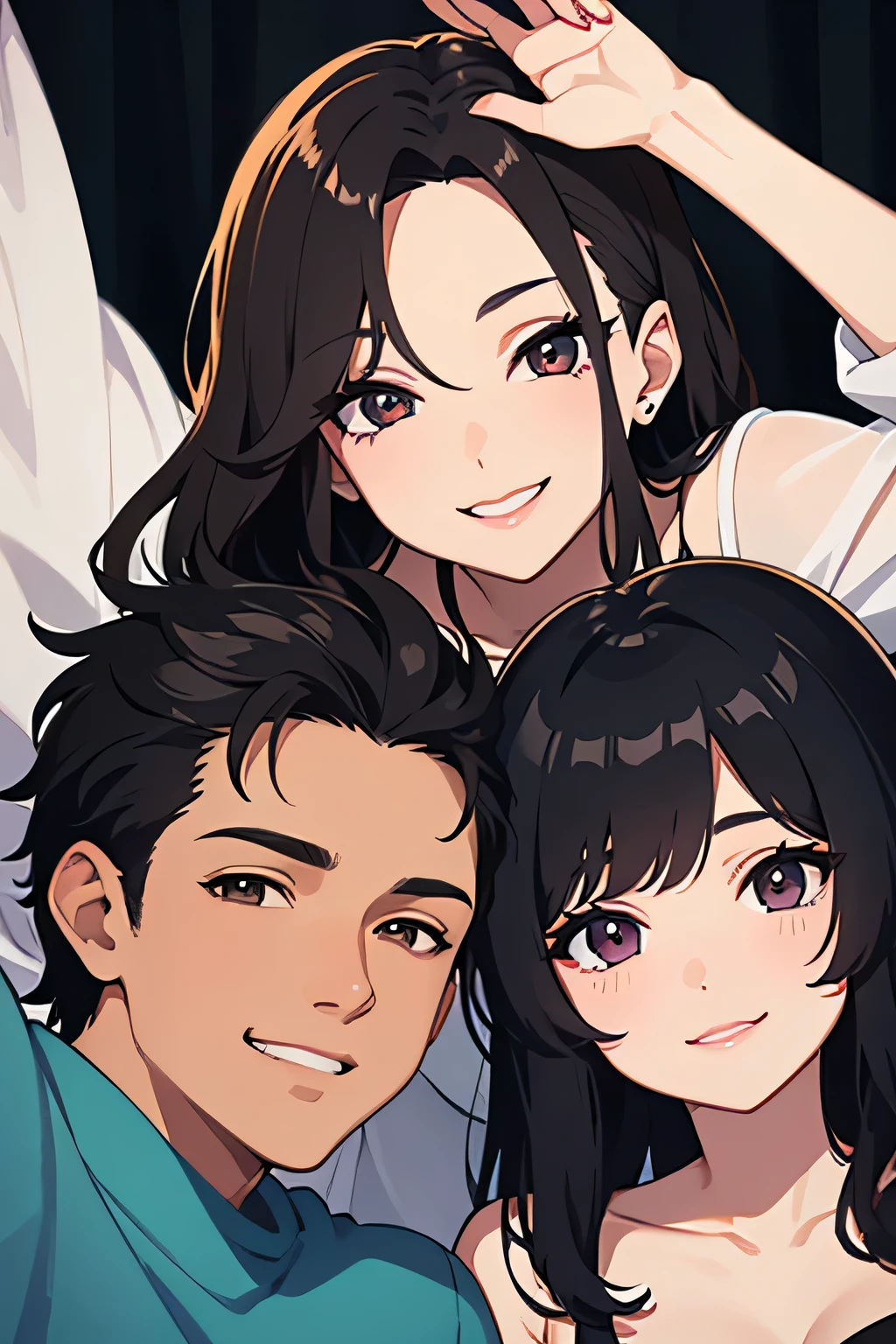 Hermosa milf cabello oscuro ojos rojos, smiling still next to her husband and son while they take a selfie