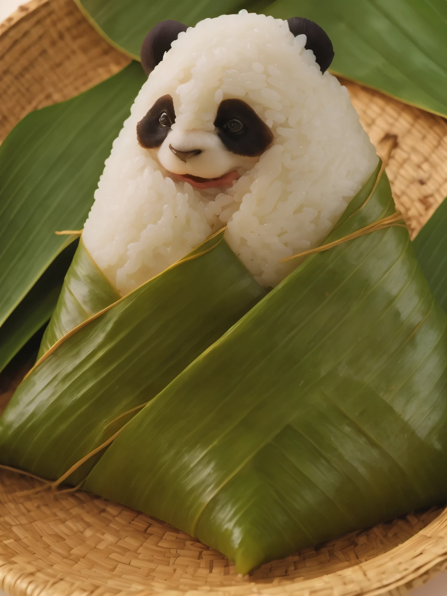 A panda-shaped zongzi, made of glutinous rice, has a cute expression, the lower half of the body is wrapped in tapered leaves, the head sticking out of the leaves, equidistant, cartoon-style, Macro Lens, studio light, nature, soft lighting, film grain, cowboy shot, epiCPhoto