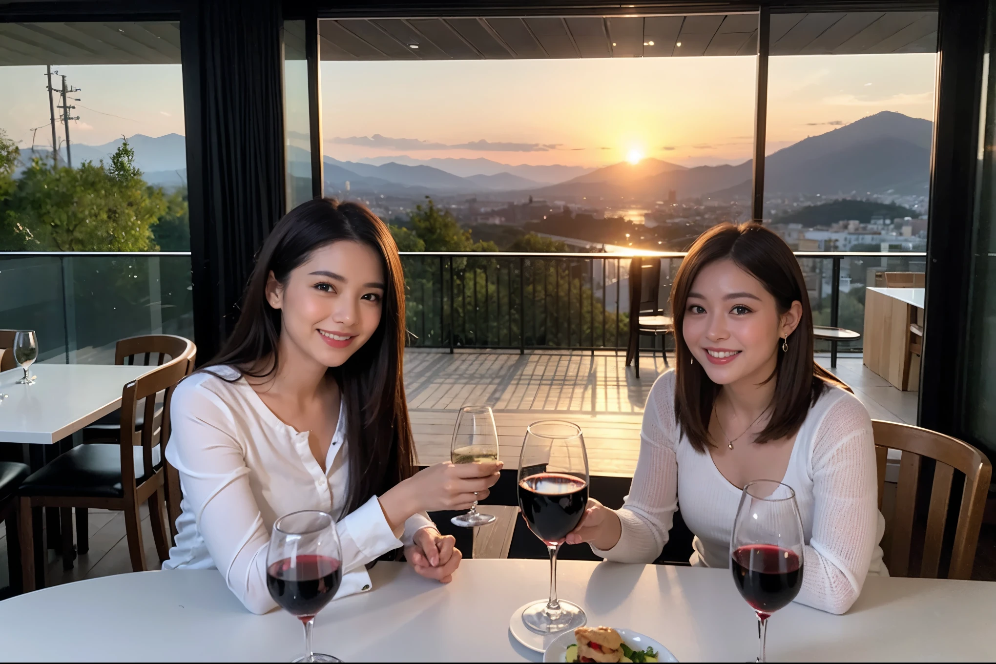 ((highest quality、8k、masterpiece:1.3))、1 male、1 female、lover、Beautiful couple、Smile、 (Slim face), (the body is スリム), (Brown Hair), (Shortcuts), ((Bob Hale、Straight hair:1.2)), Wine glass on the table、Please shine a light on my face、 Amazing view of the sunset sky and clouds、Amazing mountain views、The beauty of a smile、Bright image、Blushing, Shortcuts,Bright Face、 (5), 39 years old, red wine 、Appetizers、Italian food、Wine bottle、Champagne、sparkling wine、Long sleeve shirt、dress、Attractive beauty、restaurant, Nova Frog Style, actress, model, Upper Body, White wine, red wine, wine glass,