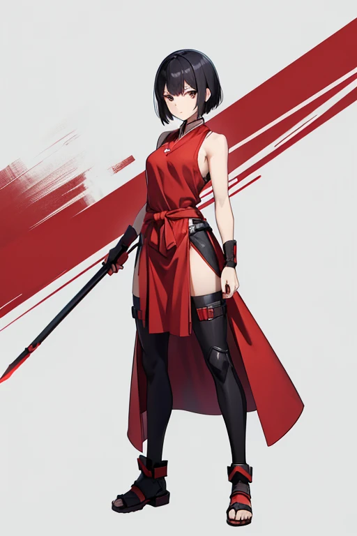 Anime drawings、Full body portrait、Red armored warrior from space science fiction、A woman around 17 years old, about 150cm tall, wearing a red tank top and hakama, standing upright with a long spear in her hand、A strong expression with the mouth closed、Very short hairstyle、Black Hair、Dark Eyes、Leggers、Wearing a red bandana on his head