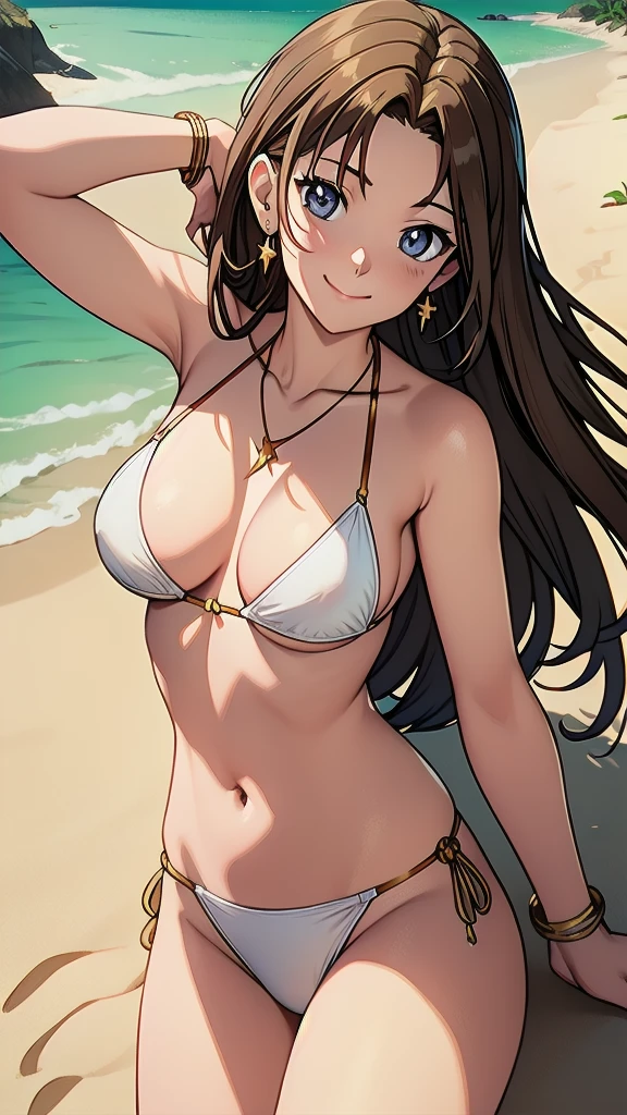 masterpiece, best quality, 1 solo girl, brown hair, grey eyes, long hair, medium breasts, sexy body and face, wavy hair, smile, white bikini, pendant, bracelet, jewelry, earrings, feather hair ornament, ball, lying at the sand, summer, sexy pose, cowboy shots, detailed body, face, and eyes, sharp focus, vibrant, creative, dynamic, high definition, high resolution, 8k, (Upscale: R-ESRGAN 4x+ Anime6mage enchance:4x), voluptuous body, cinema lightning, dakimakura style, looking at the viewer,