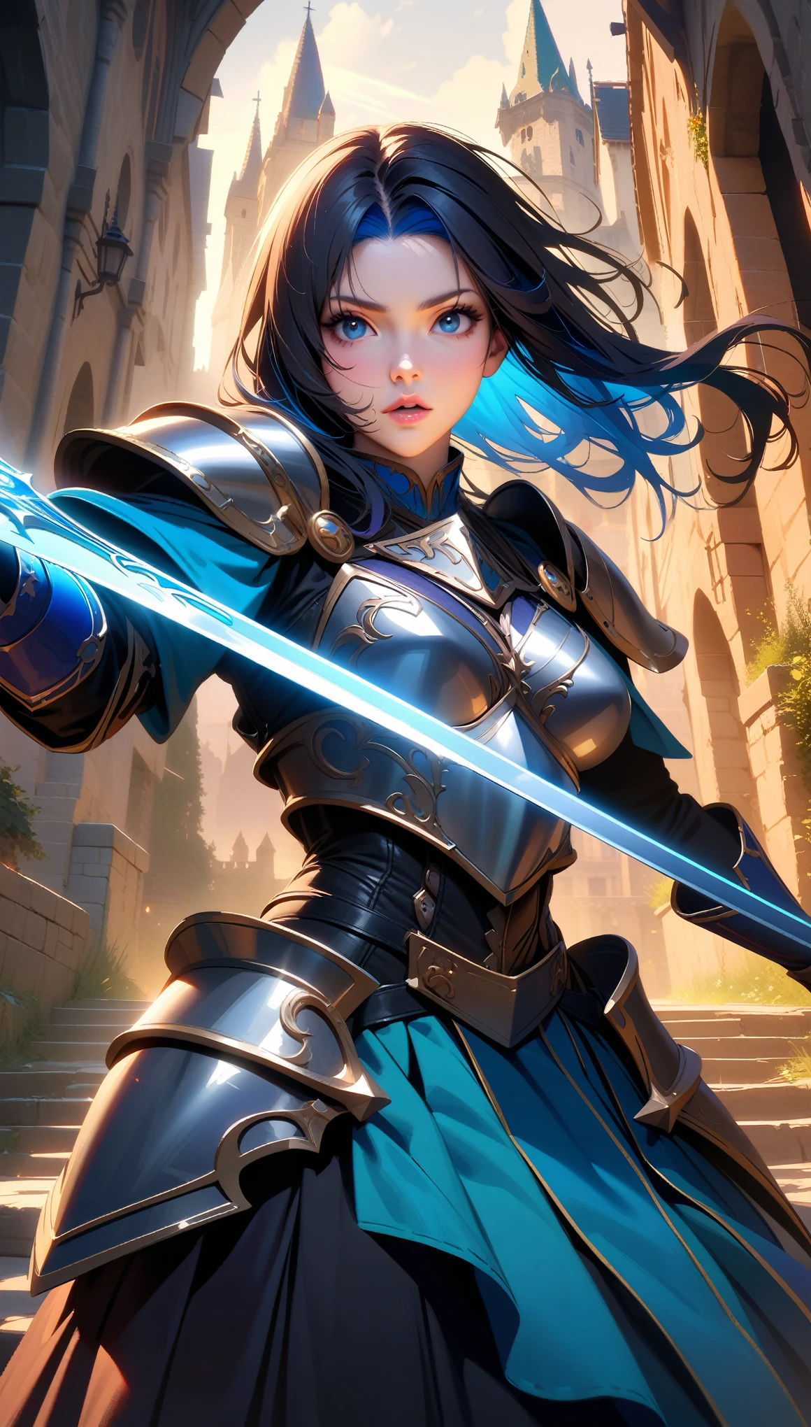 Masterpiece, Best Quality, Super Detailed, High Definition, Expensive Resolution, HDR, Masterpiece, Realistic, Depth, Fine Texture, Super Fine, Complete concentration, a female warrior, highly detailed portrait of a beautiful female warrior, beautiful detail face, beautiful detail eyes, blue colored inner hair, intricate armor, full details steel armor, shine armor, armor dress, pleated skirt, hand up, Raise sword , holding a sword, blue flaming sword, dramatic lighting, intense expression, dynamic pose, fantasy medieval setting, castle in the background, glowing magical effects, cinematic composition, rich color palette, vibrant textures,