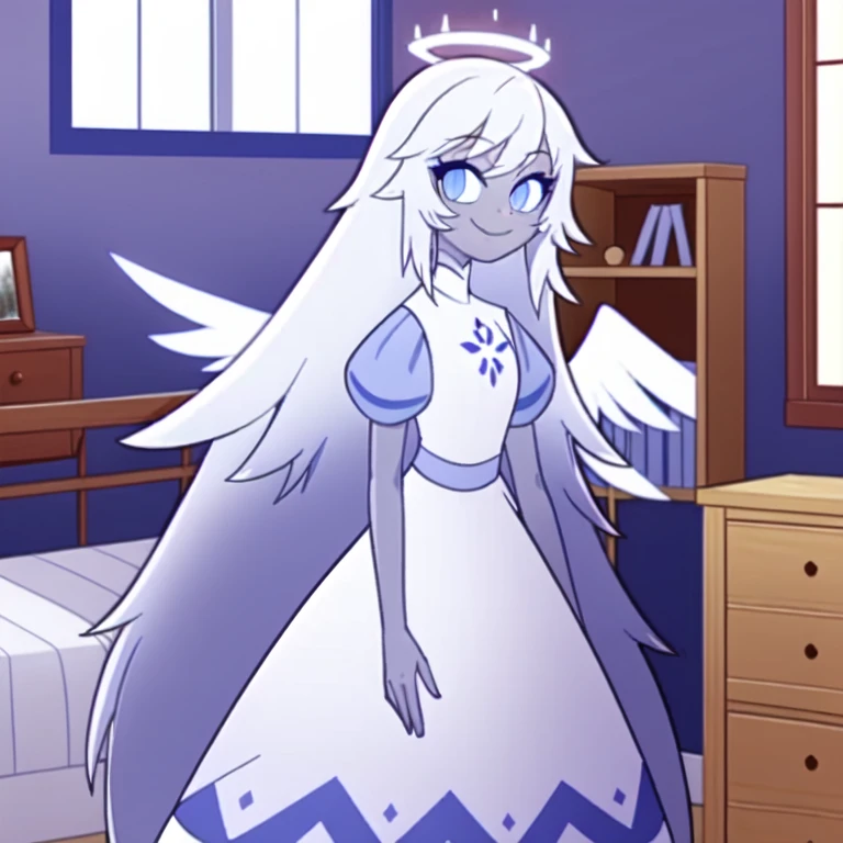 (bedroom:1.1, blue bed,  wooden shelves, wooden window to outside), looking at viewer, a girl, angel, angel wings, blue eyes, colored skin, Emily, grey skin:1.2, halo, light blue sclera, long hair, closed mouth, , smile, very long hair, white dress, white hair,  