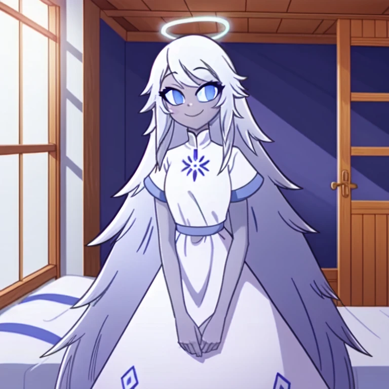 (bedroom:1.1, blue bed,  wooden shelves, wooden window to outside), looking at viewer, a girl, angel, angel wings, blue eyes, colored skin, Emily, grey skin:1.2, halo, light blue sclera, long hair, closed mouth, , smile, very long hair, white dress, white hair,  