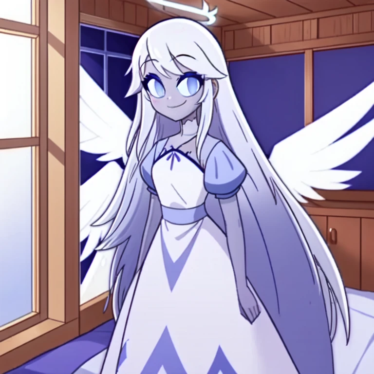 (bedroom:1.1, blue bed,  wooden shelves, wooden window to outside), looking at viewer, a girl, angel, angel wings, blue eyes, colored skin, Emily, grey skin:1.2, halo, light blue sclera, long hair, closed mouth, , smile, very long hair, white dress, white hair,  