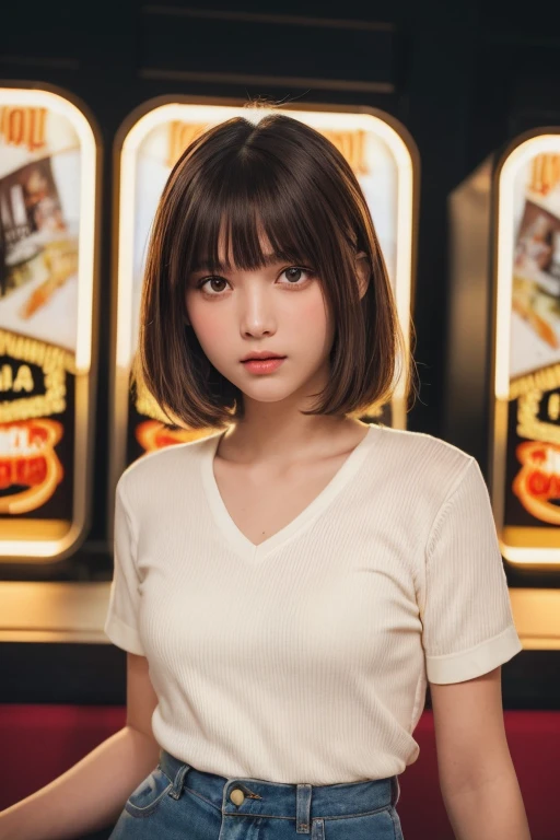 Tabletop, highest quality, One Girl, (Beautiful girl, Delicate girl:1.3), (:1.3), Very fine grain definition, (Symmetrical eyes:1.3), (Retro movie theater:1.3), (old clothes, Old Fashion:1.3), Small breasts, Brown eyes, Parted bangs, Brown Hair, Chiquita, (Eye and facial details:1.0), Get closer to the face, Zoom in on face, Face Focus