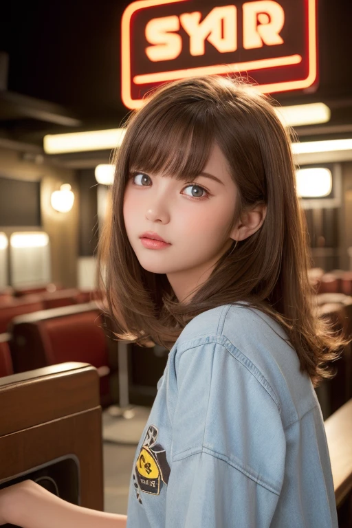 Tabletop, highest quality, One Girl, (Beautiful girl, Delicate girl:1.3), (:1.3), Very fine grain definition, (Symmetrical eyes:1.3), (Retro movie theater:1.3), (old clothes, Old Fashion:1.3), Small breasts, Brown eyes, Parted bangs, Brown Hair, Chiquita, (Eye and facial details:1.0), Get closer to the face, Zoom in on face, Face Focus