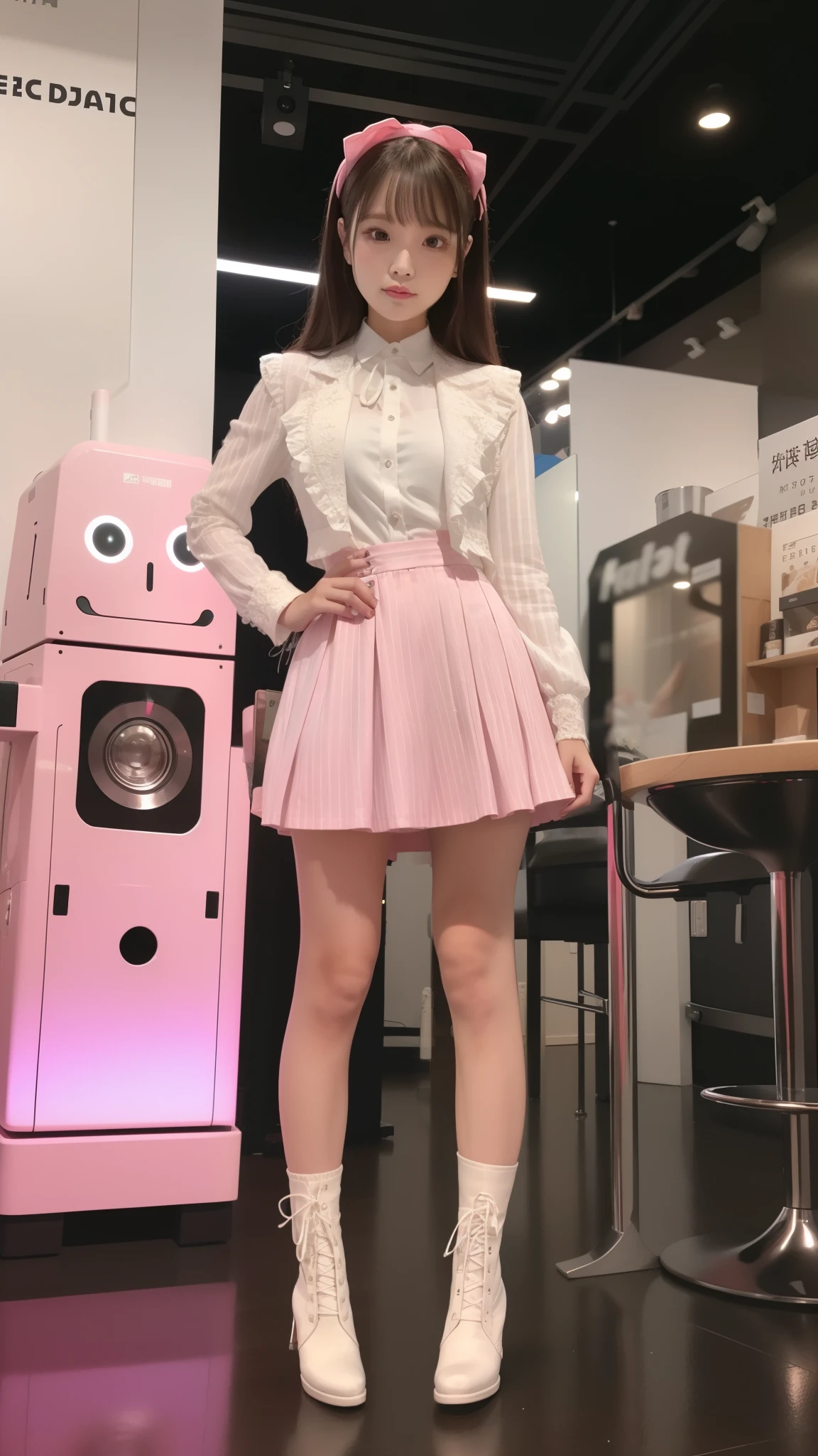 Costume like a idol, blue and white half sleeve Jacket, pink satin ruffled blouse, White and pink stripe pleated skirt, white lace up boots