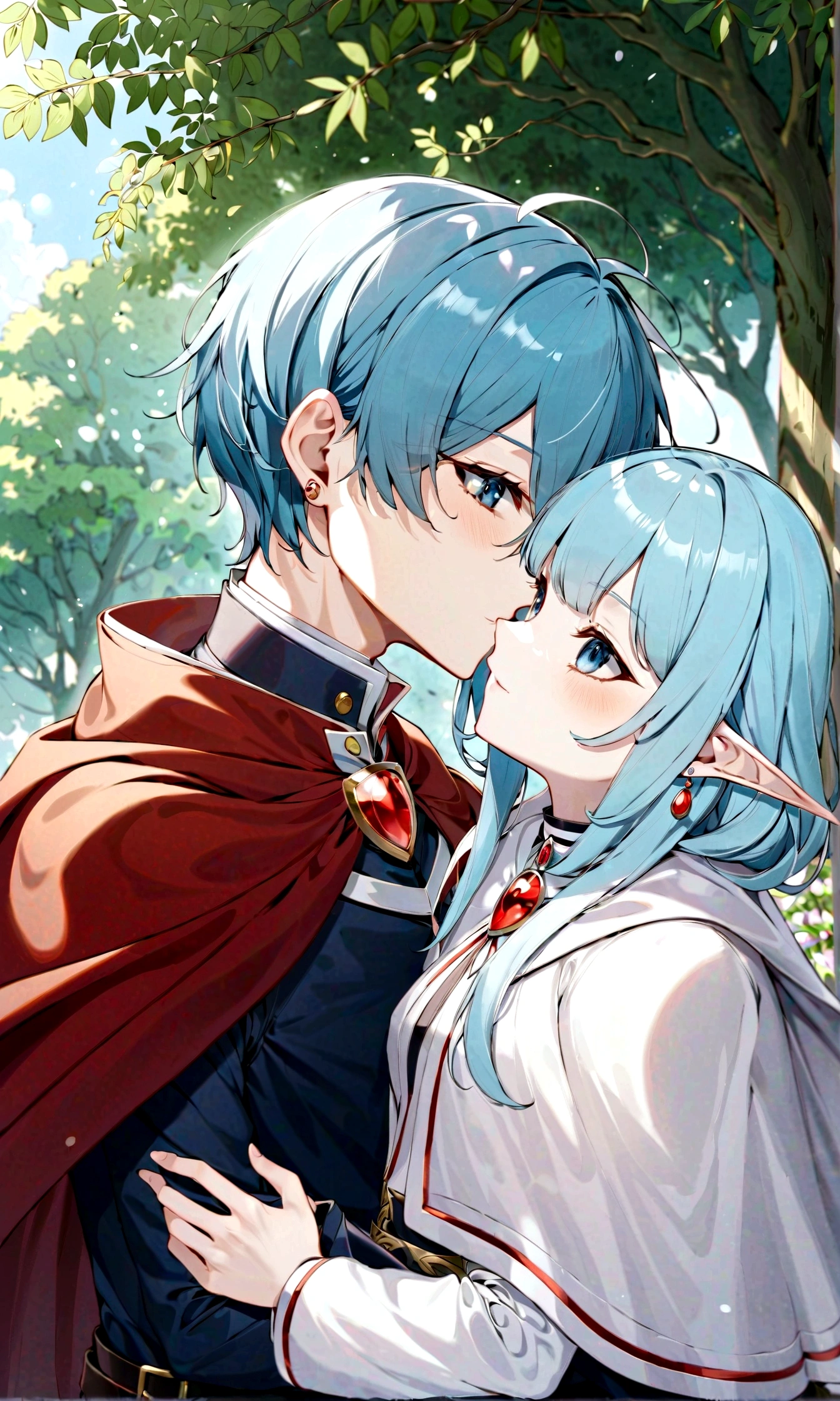 anatomical correct:2, 1boy, 1girl, frieren, himmel \(sousou no frieren\), outdoors, upper body, eye contact, light blue hair, cape, capelet, earrings, dappled sunlight, day, hand on another&#039;s head, kesyeru, sousou no frieren, blingbling