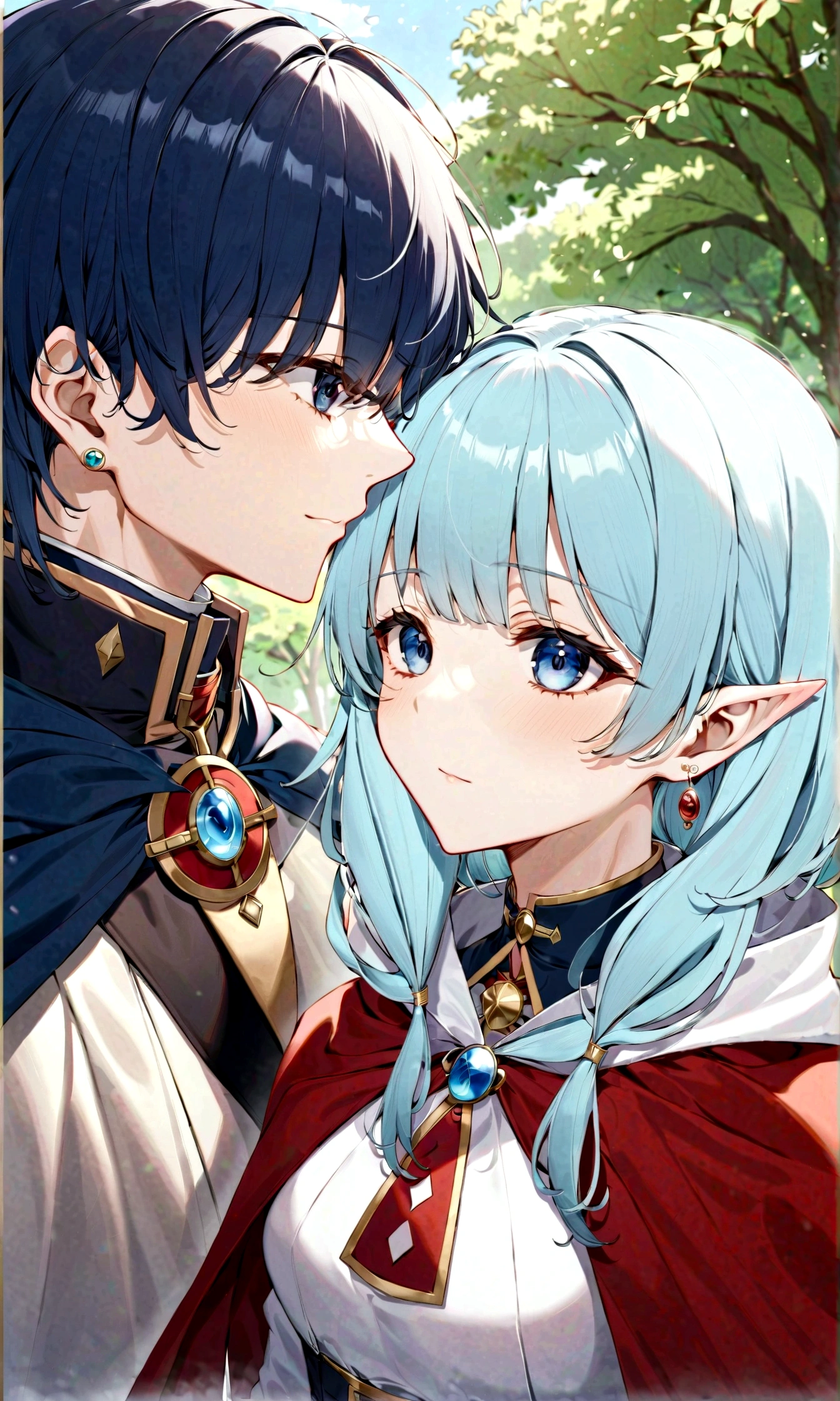 anatomical correct:2, 1boy, 1girl, frieren, himmel \(sousou no frieren\), outdoors, upper body, eye contact, light blue hair, cape, capelet, earrings, dappled sunlight, day, hand on another&#039;s head, kesyeru, sousou no frieren, blingbling