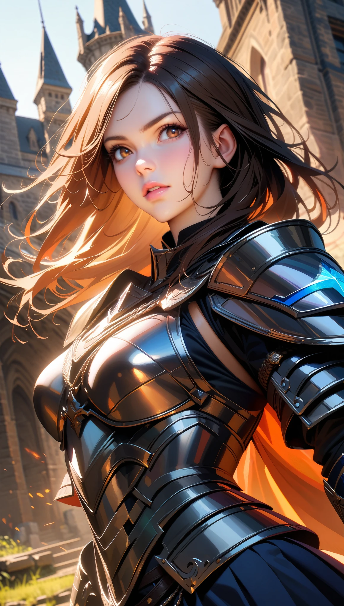 Masterpiece, Best Quality, Super Detailed, High Definition, Expensive Resolution, HDR, Masterpiece, Realistic, Depth, Fine Texture, Super Fine, Complete concentration, a female warrior, highly detailed portrait of a beautiful female warrior, beautiful detail face, beautiful detail eyes, intricate armor, full details steel armor, armor dress, pleated skirt, hand up, Raise sword , holding a sword, dramatic lighting, intense expression, dynamic pose, fantasy medieval setting, castle in the background, glowing magical effects, cinematic composition, rich color palette, vibrant textures,
