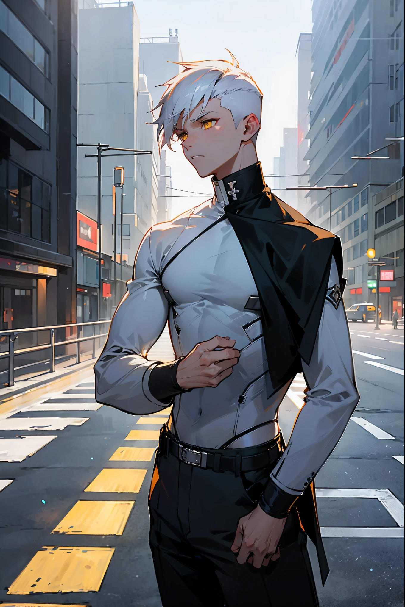 1male , White Hair , Modern Undercut Cut Hair , Sharp Hair , Yellow Eyes ,Longsleeve white Turtleneck, Lean, Adult , Somber Expression , Standing On Street , Modern City Background