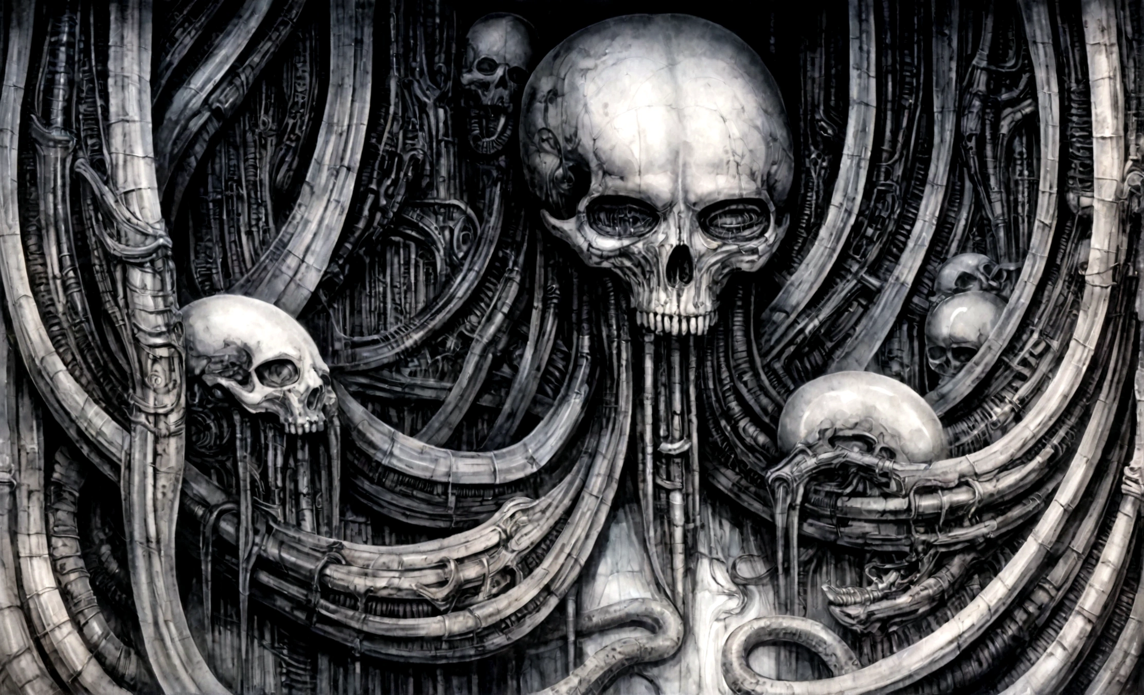 g1g3r, Biomechanical Tableau in Gigeresque Style.
The image is a detailed view of H.R. Giger's \" biomechanical Landscape \" plateThis piece is likely created using pen and ink wash. The fine lines used to outline the foreground figure and the textures on the floor are consistent with pen and ink work. The background shows areas of flat tone and shading, which could have been achieved using a wash of ink or watercolor. The artwork leans heavily on dark surrealism. h r giger's artwork is a detailed, abstract drawing of numerous bones and muscles. The artwork is in eldritch colors muted, with a nt grayish-blue hue, with the bones depicted in grey and the muscles in white. The lines appear to be made of flesh, creating a sense of movement and organic growth. There are many interwoven tubes and strange shapes, including a skull with a snake for a jaw. The drawing is filled with intricate details, including the sinews and tendons, giving the impression of a complex network of interconnected parts., ooze soaked pajama top