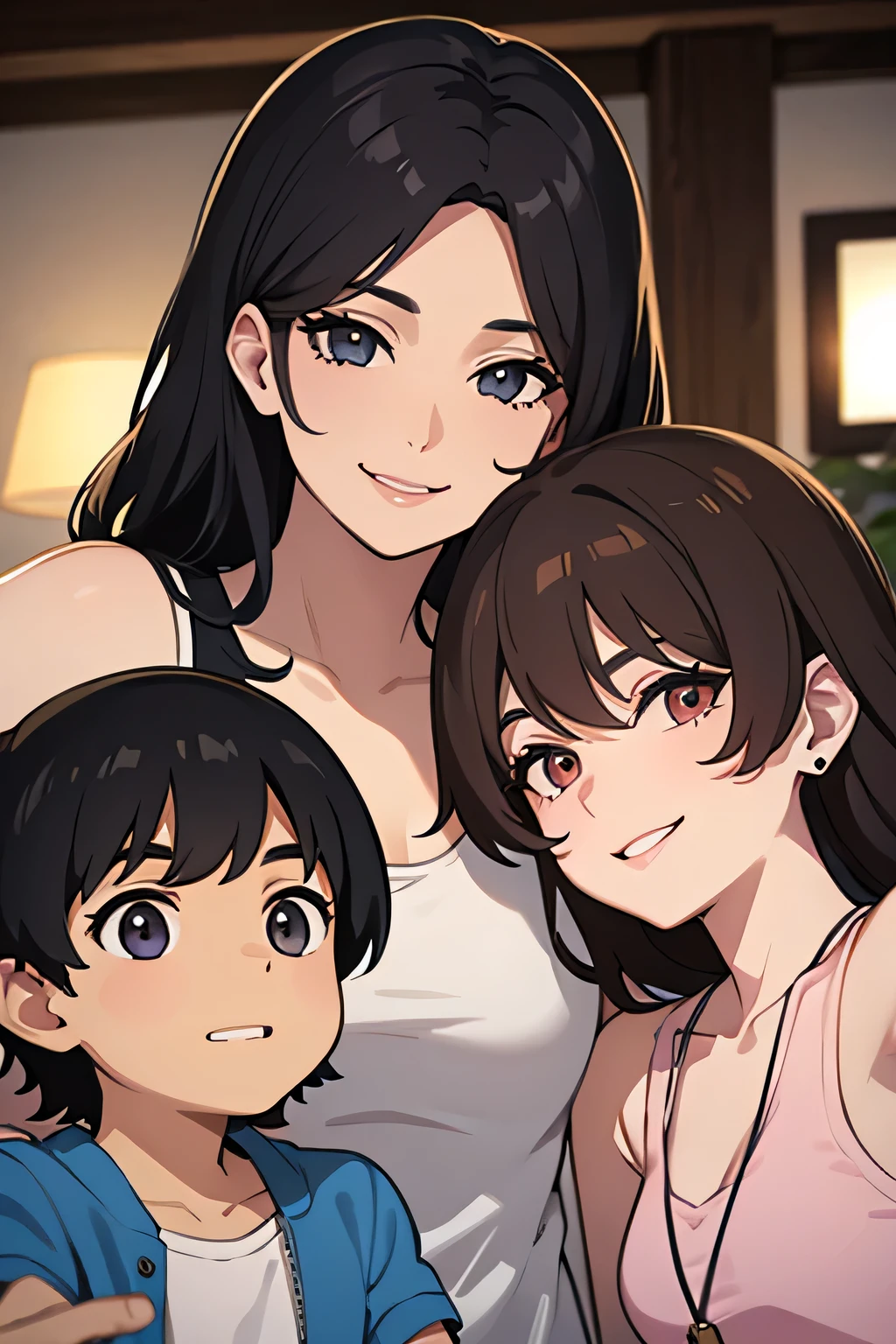 Hermosa milf cabello oscuro ojos rojos, smiling still next to her husband and son while they take a selfie