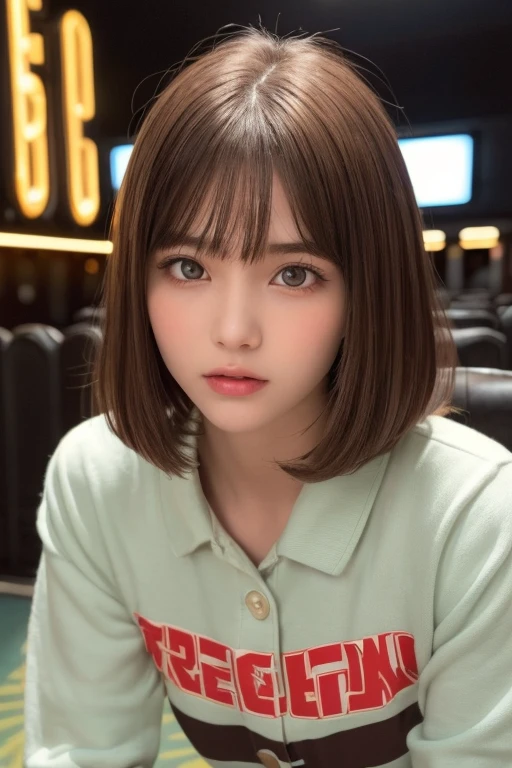 Tabletop, highest quality, One Girl, (Beautiful girl, Delicate girl:1.3), (16 years old:1.3), Very fine grain definition, (Symmetrical eyes:1.3), (Retro movie theater:1.3), (old clothes, Old Fashion:1.3), Small breasts, Brown eyes, Parted bangs, Brown Hair, Chiquita, (Eye and facial details:1.0), Get closer to the face, Zoom in on face, Face Focus