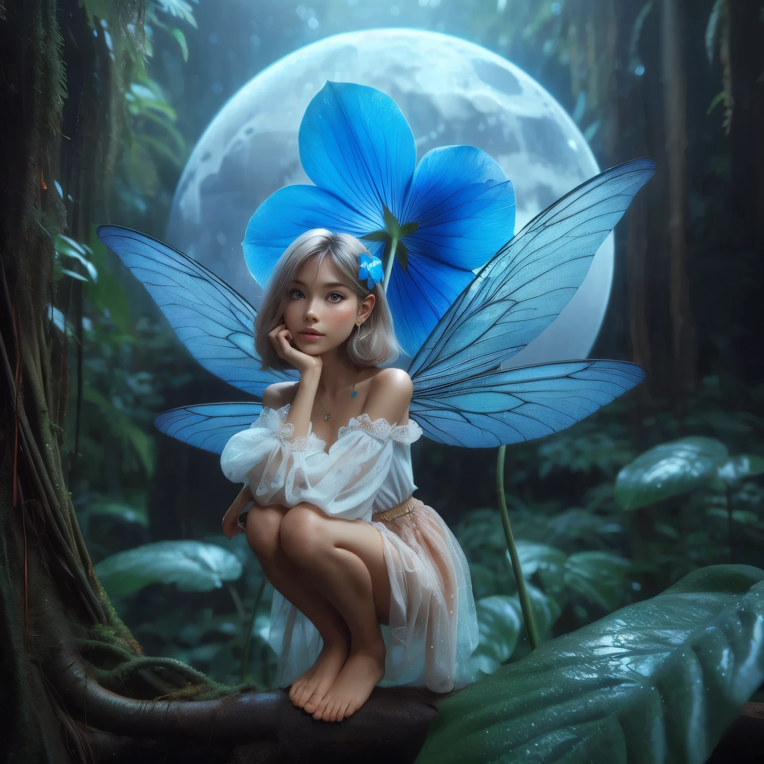 beautiful female mini pixie under a blue moon flower in the rain forest background 8k