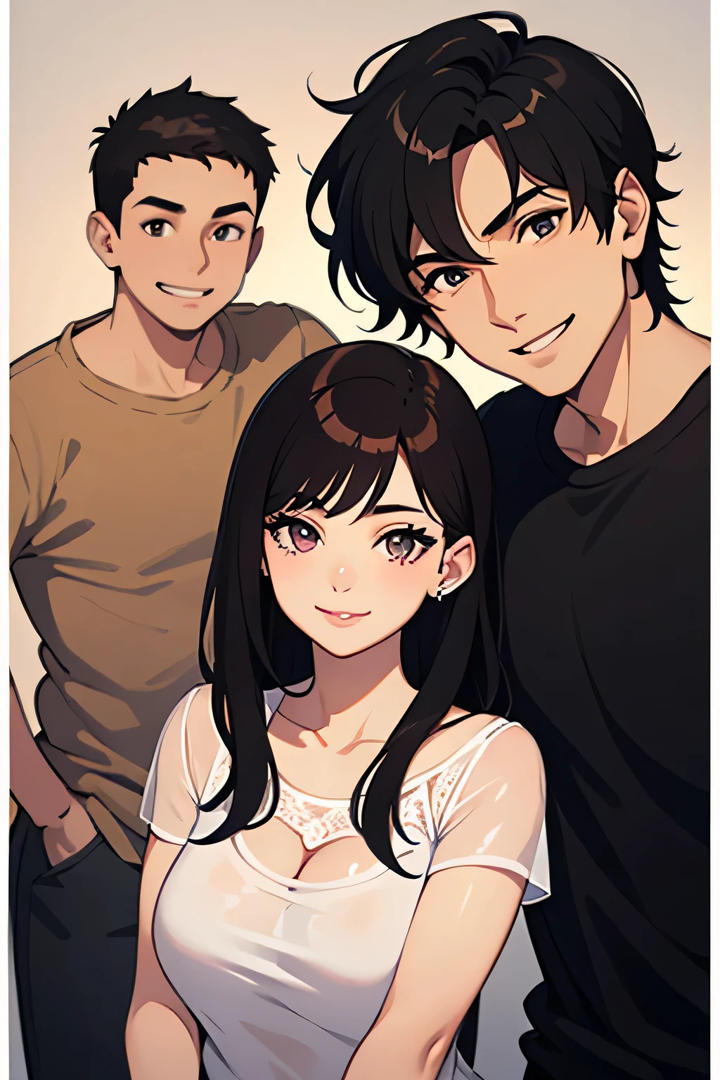 Hermosa milf cabello oscuro ojos rojos, smiling still next to her husband and son while they take a selfie
