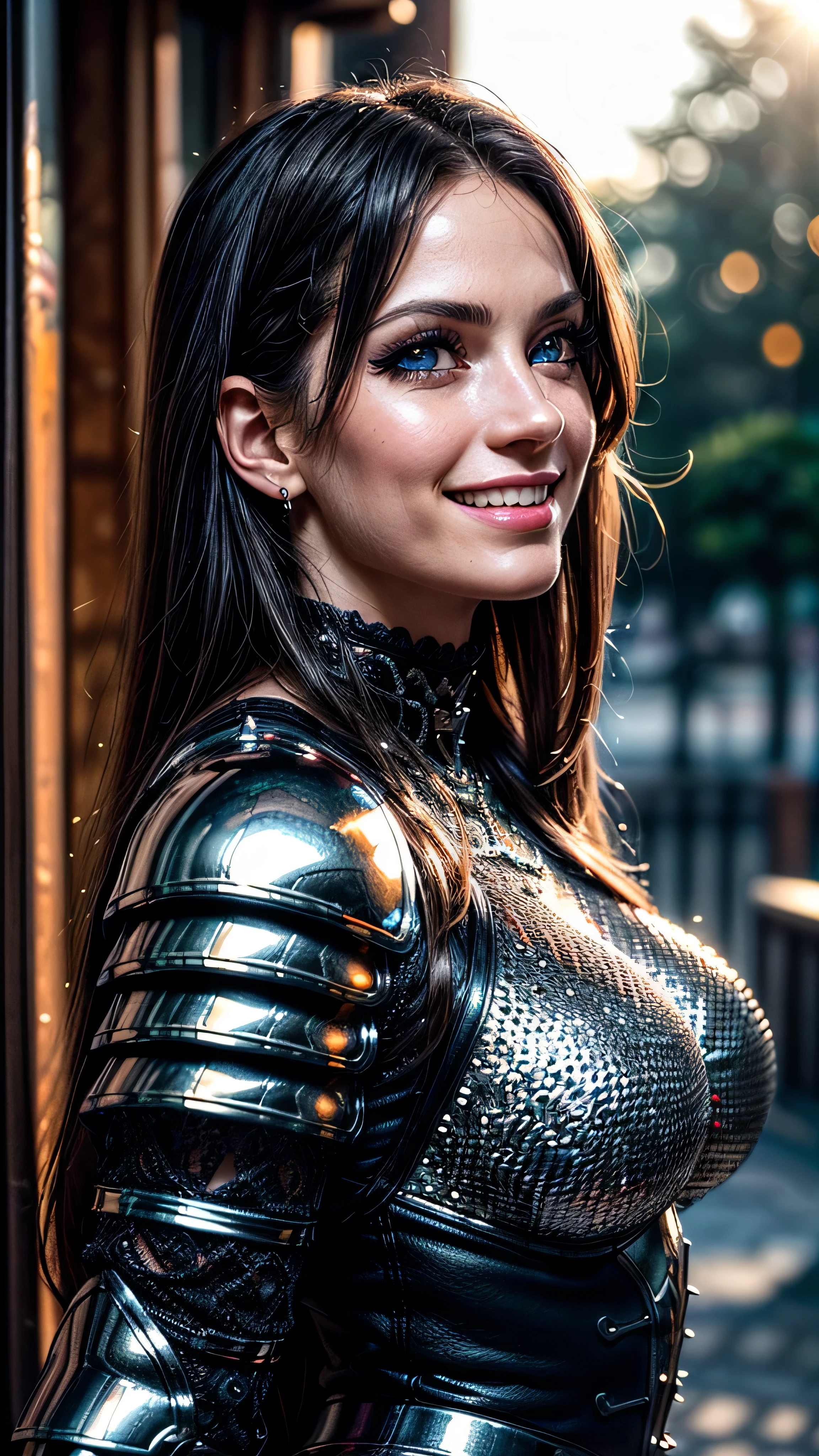 (masterpiece, photorealistic:1.4, extremely intricate:1.3), (photon mapping, radiosity, physically based rendering, ultra resolution, hyper-realistic, photorealistic:1.4, hyper-realistic, 8K), portrait of a muscular girl, ((Sumptuous armor from the late Renaissance, black chrome perfectchainmail armor:0.8, (long eyelashes), iceblue eyes, humid, humid, smiling)), metal reflections, upper body, portrait, outdoors, intense sunlight, far away castle, professional photograph of a stunning woman, (long straight black hair, blowing, dynamic pose), sharp focus, dramatic, award winning, cinematic lighting, (film grain, bokeh, interaction, sunrise)