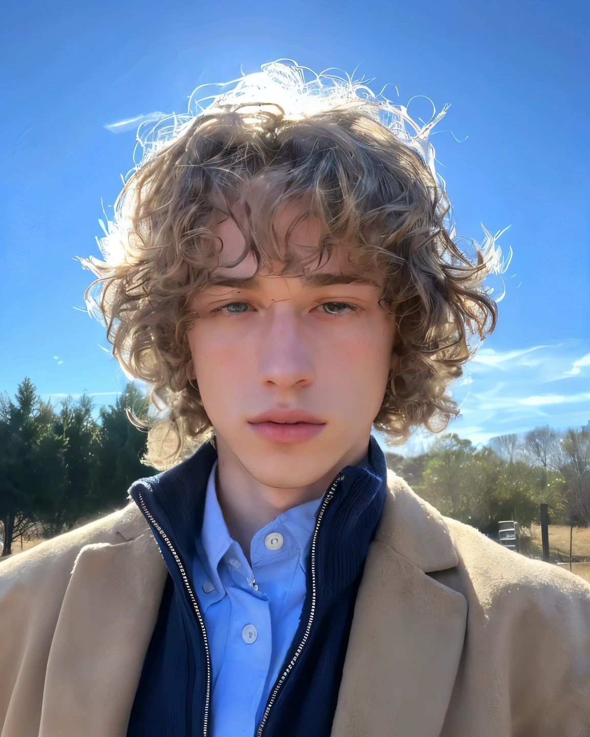 arafed young man with curly hair and a blue shirt, pale skin curly blond hair, he has short curly brown hair, curly middle part haircut, he looks like tye sheridan, curls on top of his head, connor hibbs, finn wolfhard, headshot profile picture, zac retz, jeremy bennett, curly blonde hair | d & d, max dennison
