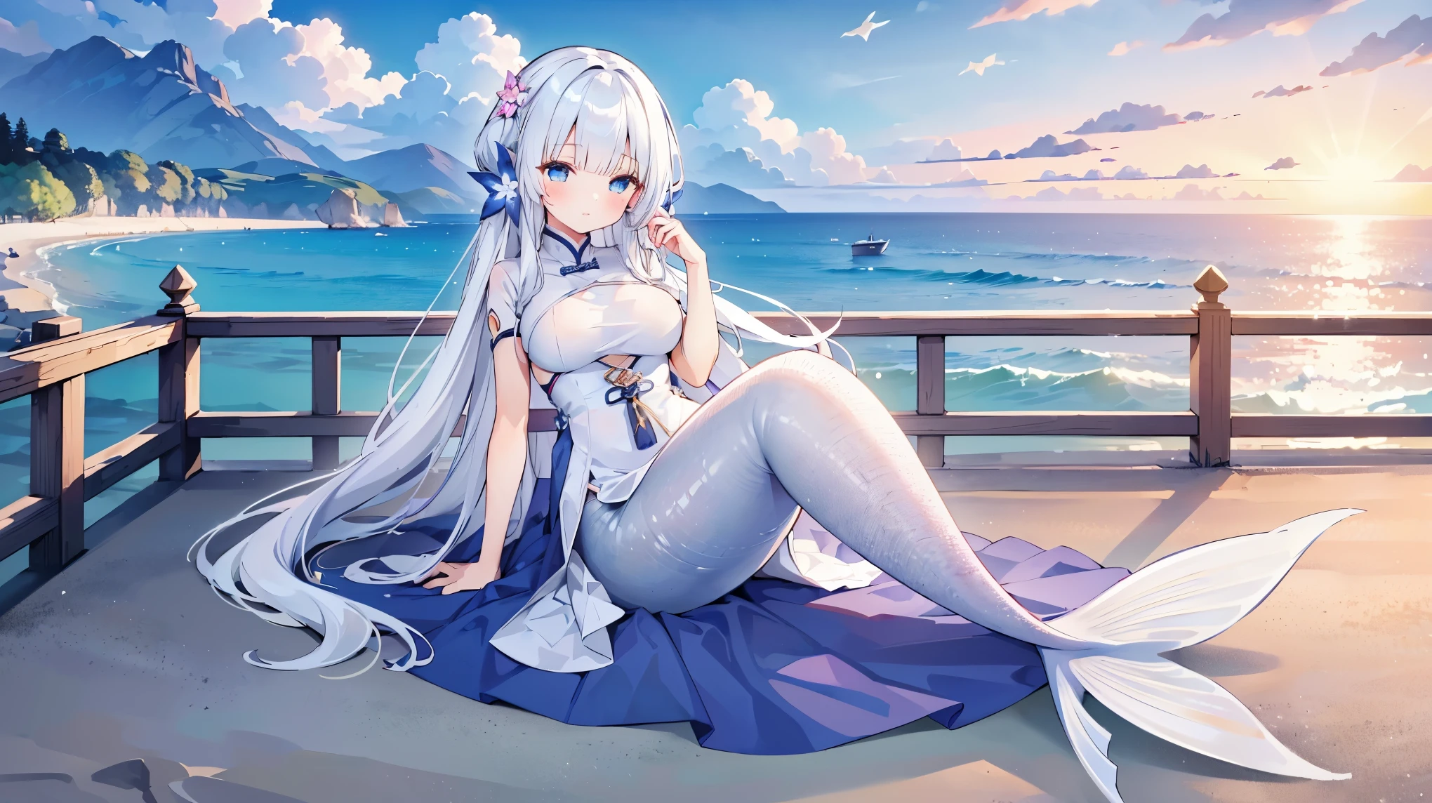 masterpiece, best quality,A girl,solo,illustrious (maiden lily's radiance) (azur lane),White hair,Very long hair,blue eyes,dress,China costume,Official Alternate Costumes,Large Breasts,Mermaid,White Mermaid Tail,full-body shot,Sitting on the beach,Sea view