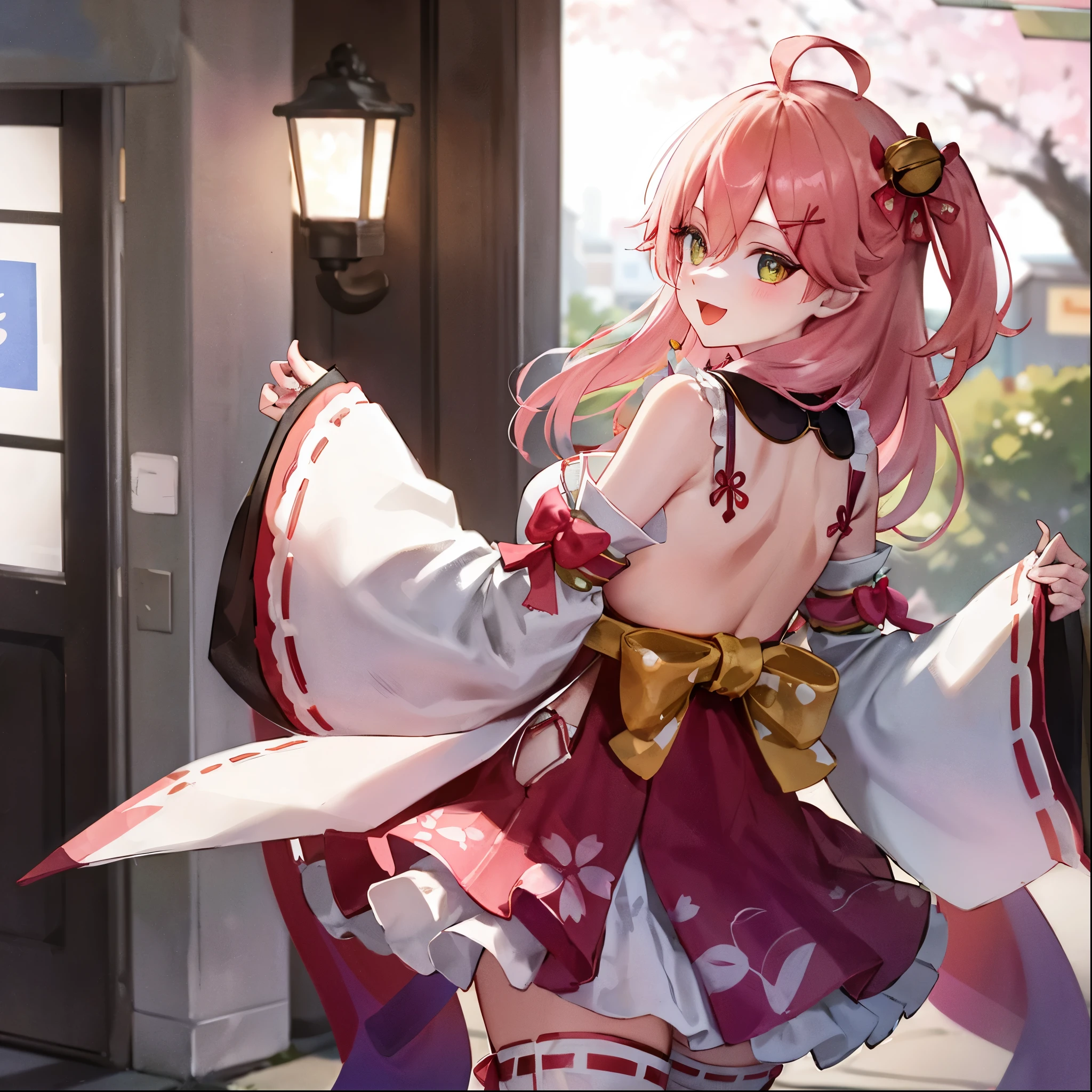 masterpiece, best quality, highres, miko1, sakura_miko, 1girl, big_boobs, solo, ahoge, x_hair_ornament, pink_hair, floral print, hairclip,(side_less_clothes:1.5), (side_boobs:1.5), hair_bell, floral print, long_hair, hair between eyes, one side up, white thighhighs, asymmetrical legwear, wide sleeves, open_mouth,(happy:1.3),gleen_eyes,big_smile,(rise_leg:1.3),plump,apart_legs,(overly_long_sleeves:1.3),),sleeves_past_wrists,hands_hidden_sleeves,sidelock_clothes,dynamic_posing,solo,hidden_wrists,(XD:1.4),covered_nipples,sunlight,cherryblossom_background,
