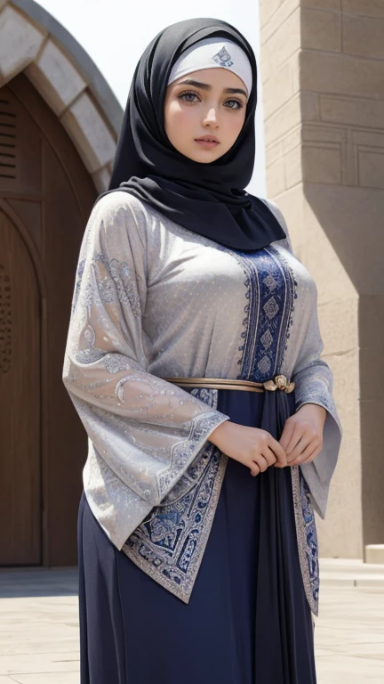 (Masterpiece, top quality, best quality, official art, beautiful and aesthetic: 1.2)
(1girl)
(Hyuga Hinata from Naruto anime, radiant white eyes, captivating with Byakugan eyes)
(Beautiful, ethnic allure in sexy clothes)
(Majestically posing against a mosque background, wearing a hijab that covers her head)
(Ultra detail, realistic representation of fabric texture, wrinkles, and intricate hijab design)
(Her mesmerizing eyes reflecting tranquility and strength, gaze fixed on the viewer), alluring, glamorous, slim waist, sexy, portrait, Long hair fluttering in the wind