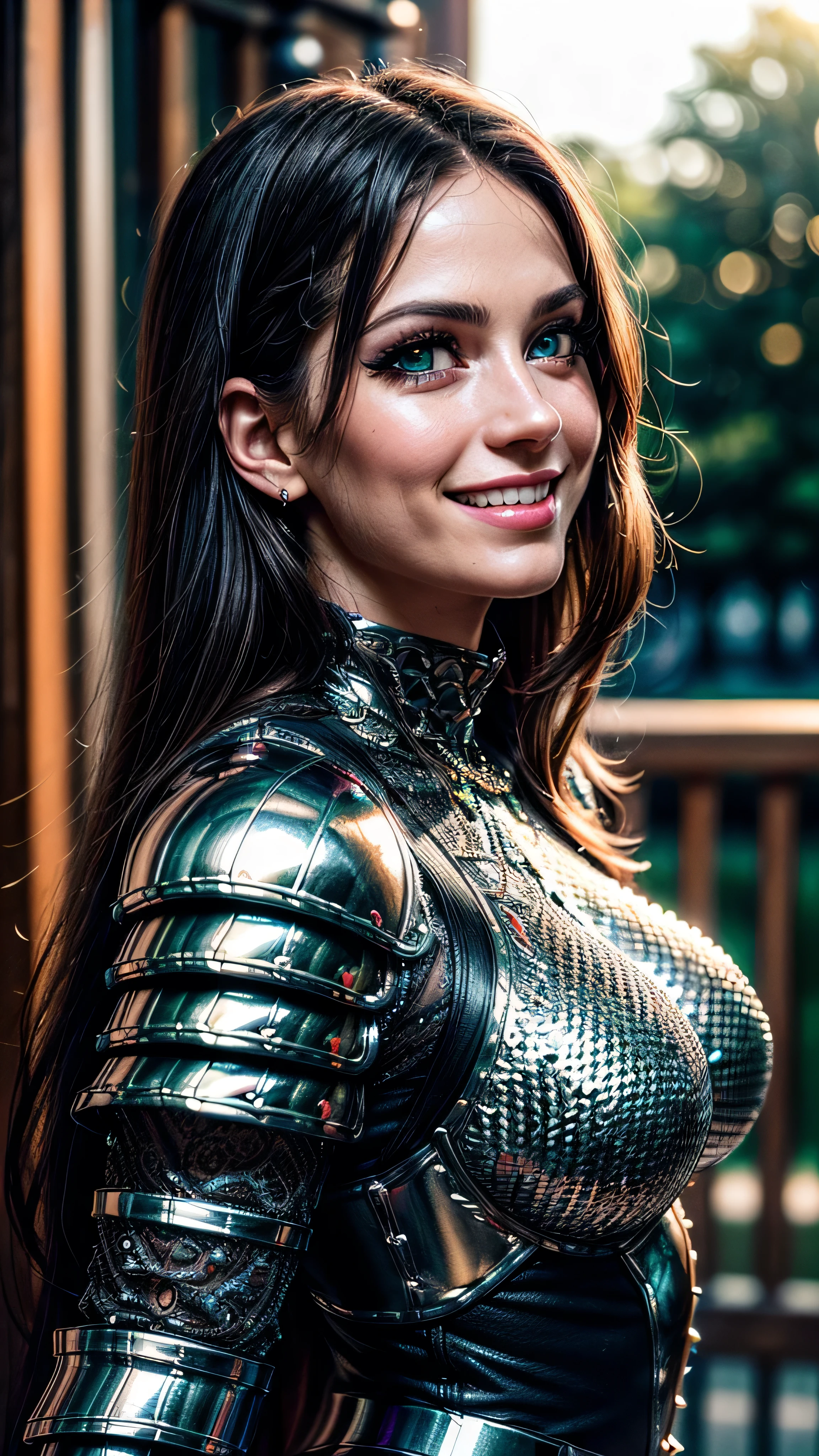(masterpiece, photorealistic:1.4, extremely intricate:1.3), (photon mapping, radiosity, physically based rendering, ultra resolution, hyper-realistic, photorealistic:1.4, hyper-realistic, 8K), portrait of a muscular girl, ((Sumptuous armor from the late Renaissance, black chrome perfectchainmail armor:0.8, (long eyelashes), clear green eyes, humid, humid, smiling)), metal reflections, upper body, portrait, outdoors, intense sunlight, far away castle, professional photograph of a stunning woman, (long straight black hair, blowing, dynamic pose), sharp focus, dramatic, award winning, cinematic lighting, (film grain, bokeh, interaction, sunrise)
