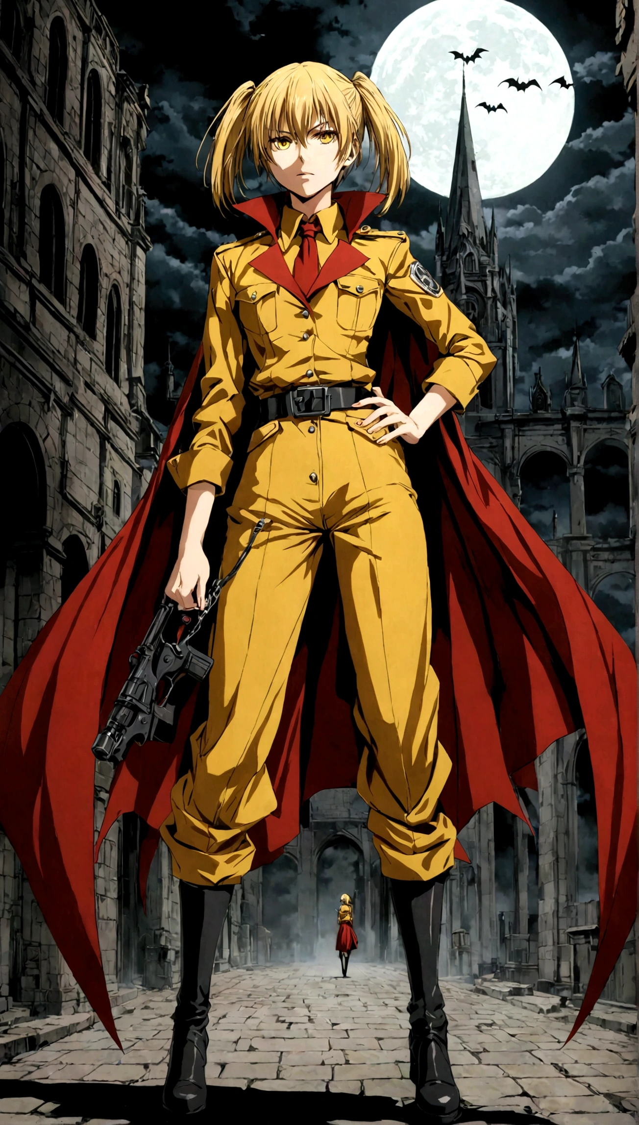 (masterpiece, top quality, best quality, official art, beautiful and aesthetic:1.2), (1girl), extreme detailed,(Victoria Seras, blond short hair, twintails, yellow eyes, Hellsing anime, Vampire, Hellsing uniform, yellow military jumpsuit, skirt, wide Rolled up sleeves, Chevron, black belt),colorful,highest detailed,((full body)) 