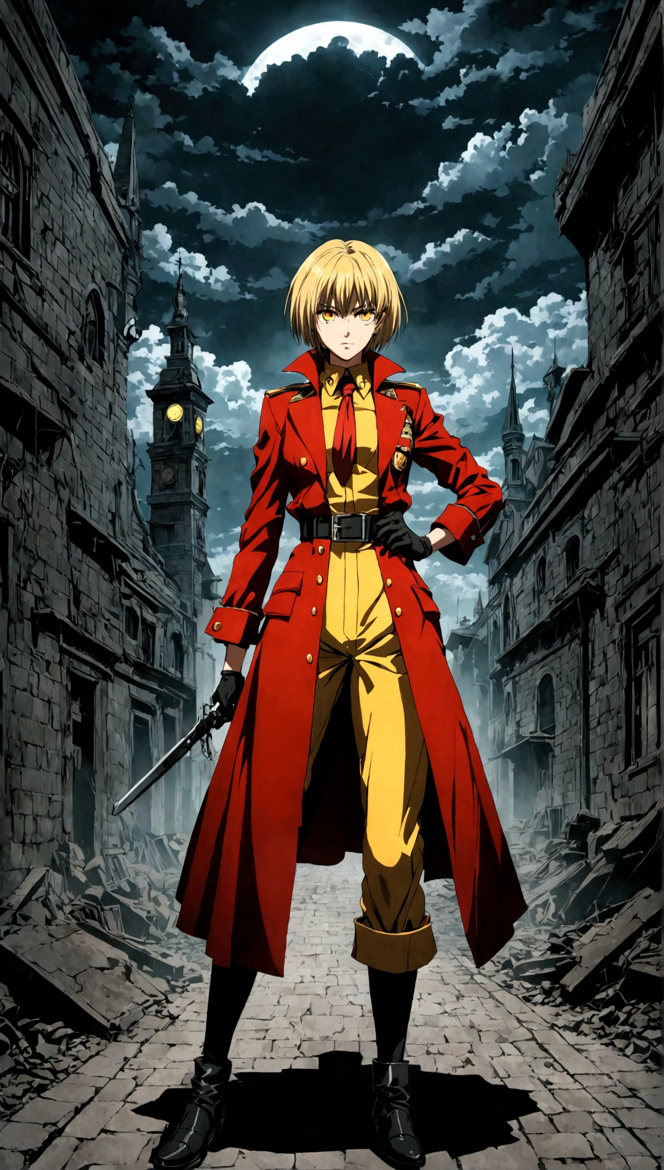 (masterpiece, top quality, best quality, official art, beautiful and aesthetic:1.2), (1girl), extreme detailed,(Victoria Seras, blond short hair, twintails, yellow eyes, Hellsing anime, Vampire, Hellsing uniform, yellow military jumpsuit, skirt, wide Rolled up sleeves, Chevron, black belt),colorful,highest detailed,((full body))
