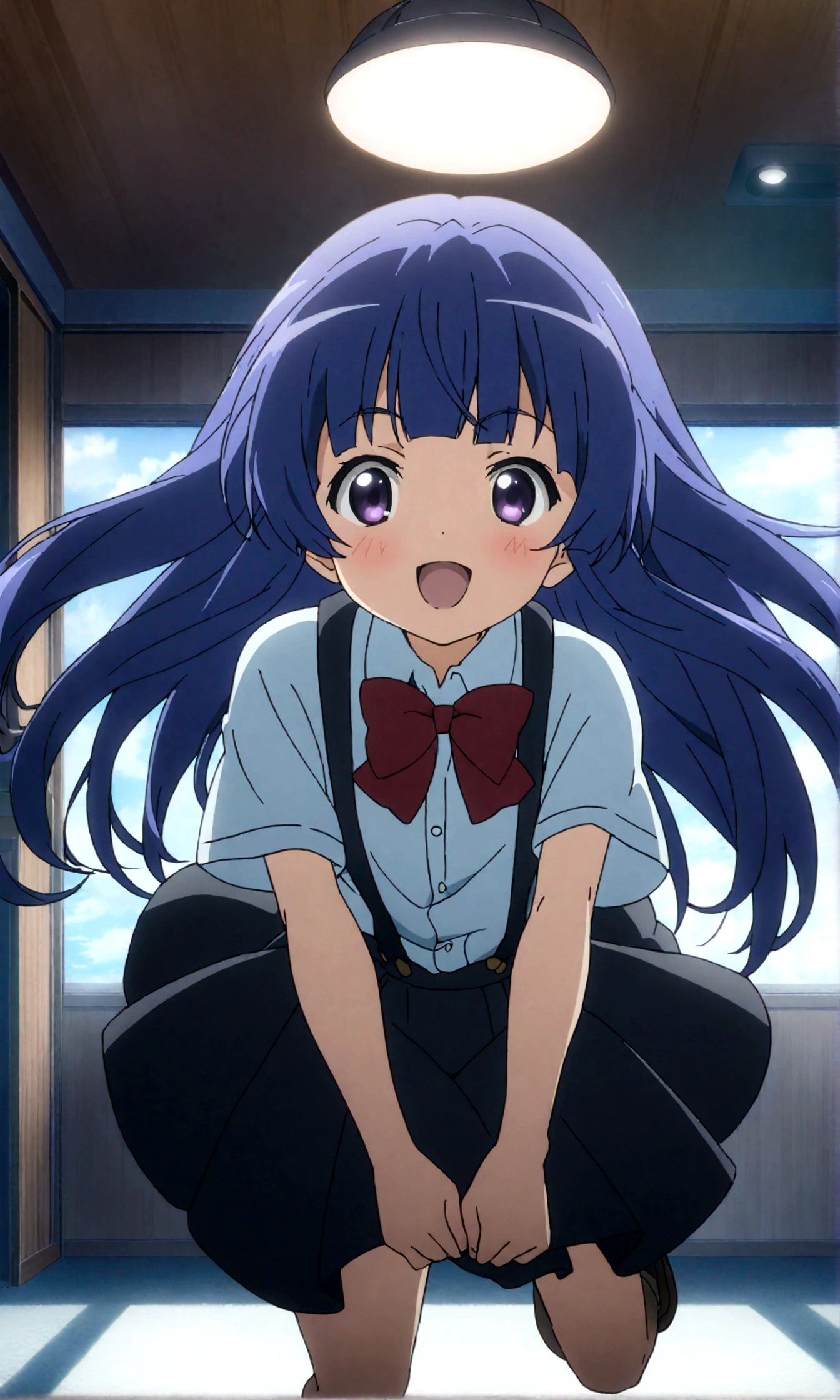 score_9,score_8, score_8_up, BREAK 1girl, solo, furude rika, (tween), kawaii, blue hair, purple eyes, long hair, blunt bangs, bangs,, bow, skirt, shirt, suspenders, smile, short sleeves, pleated skirt, white shirt, open mouth, :d, red bow, facing viewer,^_^,,suspender skirt, black skirt, collared shirt, blush, bowtie, blunt bangs, dress shirt,masterpiece, best quality, source_anime,ceiling, ceiling light, great lighting, detailed shadows, detailed body, anime artwork,anime style, key visual, vibrant, studio anime, highly detailed, anime coloring,,stance,(fullbody),,,