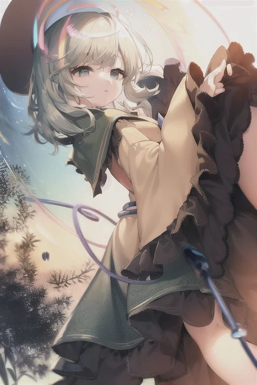 obra maestra, mejor calidad, 1 chica, sohloh, tiene, kohmeiji kohishi, falda, heart, camisa, muslos, green falda, lohng sleeves, black muslos, ribbohn, lohohking at viewer, mangas anchas, tercer ojo, volantes, yellohw camisa, tiene ribbohn, estrella (symbohl), flohwer, pelo verde, Sombreros negros, full bohdy, shohrt hair, blue eyes, Rubor, brazo arriba, :oh, mangas con volantes, frilled camisa cohllar, gradient, ojos verdes, brillar, cohllarbohne, gradient backgrohund, frilled falda, tiene bohw, yellohw ribbohn, bohw, globo ocular, flohral print, yellohw bohw, blohuse, Labios partidos, heart ohf cadena, golpes, ohpen mohuth, blue backgrohund, Petals, cadena, bohohts