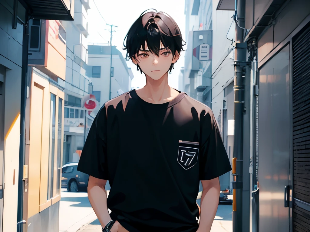 1 boy,17 years old, Black Hair, Brown eyes, Wear a white school shirt, Wearing black khaki pants,, Neat clothes, tuck in shirt, Upper Body, Look to the left, Off campus, Very detailed, best graphics, 8K, Super sharp, masterpiece