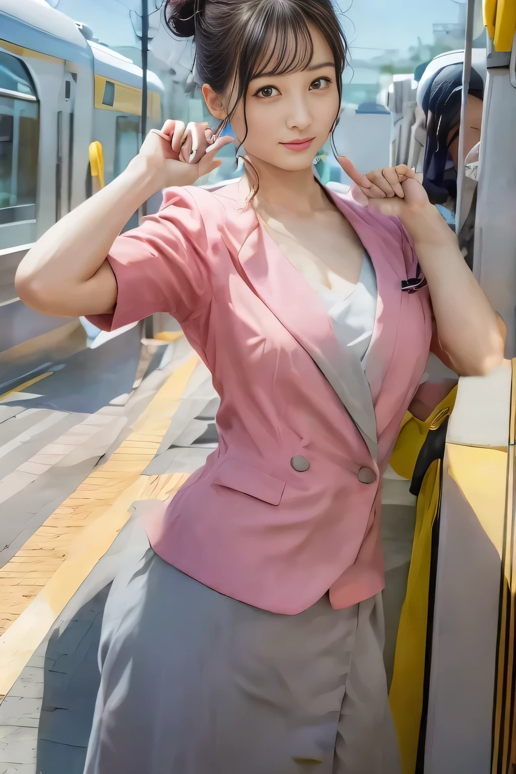 (masterpiece:1.2, highest quality:1.2), 32K HDR, High resolution, (alone、1 girl)、(On the rooftop of a building in the daytime、Professional Lighting)、Building rooftop background、(Nankai train crew uniform pinkを着たリアルスタイル)、(Nankai train crew uniform pink short sleeve pink jacket、Nankai Train Crew Uniform Pink Collarless Short Sleeve Blouse、Nankai Train crew uniform pinkのグレー色のキュロットスカート)、Dark brown hair、(Hair tied up、Hair Bun、Hair Bun)、Dark brown hair、Long Shot、Big Breasts、Thin legs、((Great hands:2.0)),((Harmonious body proportions:1.5)),((Normal limbs:2.0)),((Normal finger:2.0)),((Delicate eyes:2.0)),((Normal eyes:2.0)))、smile、(Nankai Train crew uniform pinkのグレー色のキュロットスカートを見せた美しい歩く姿)、Keep your hands natural
